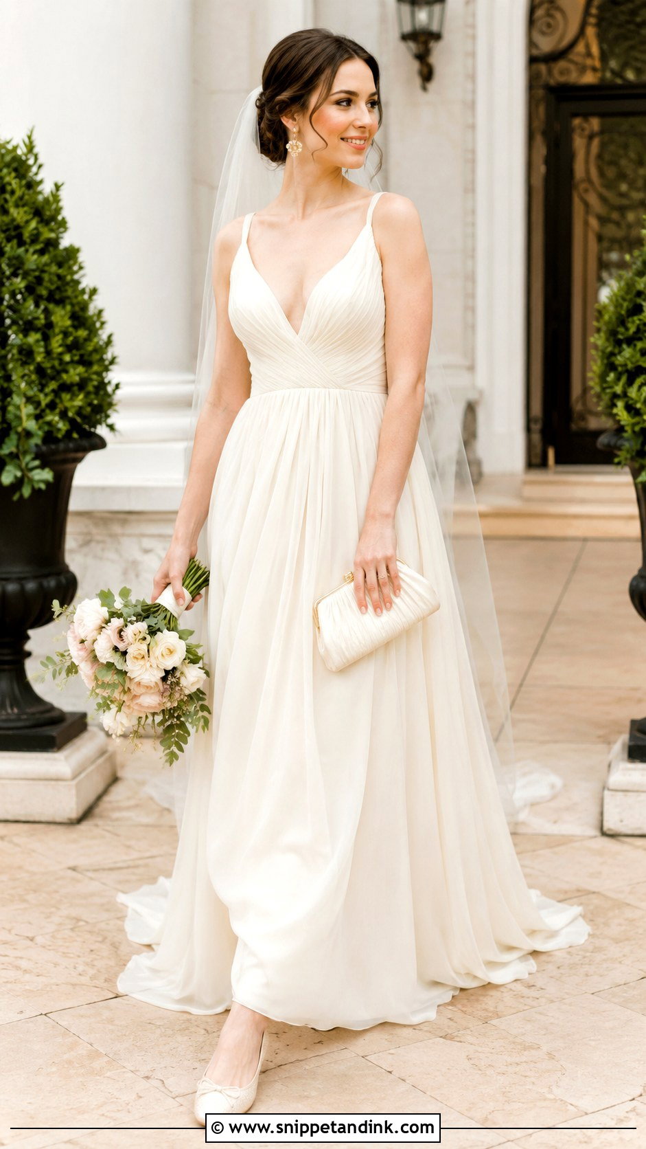 Champagne Bridal Ballet Flats With Ivory Wedding Gown - Snippet and Ink - 20 Bridal Ballet Flats Ideas