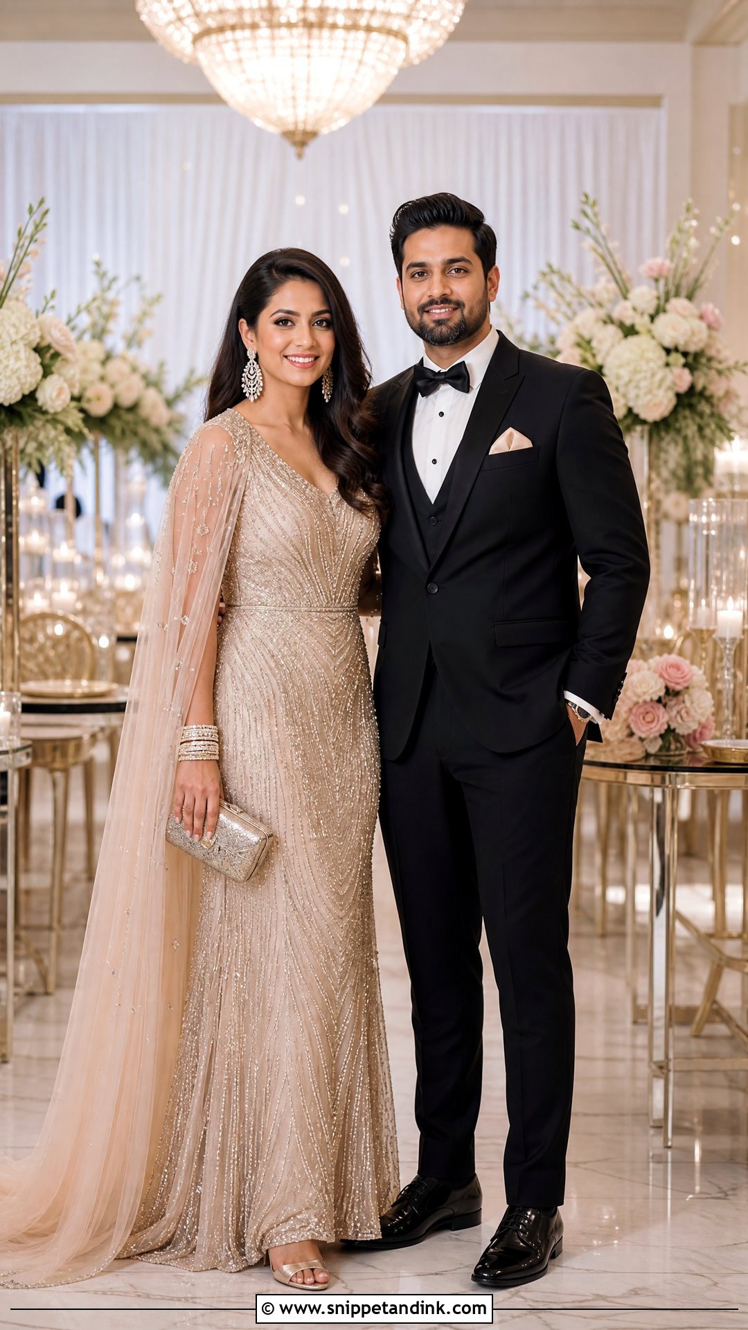 Champagne Bridal Gown And Groom Tuxedo - Snippet and Ink - 25 Indian Wedding Couple Dress Ideas