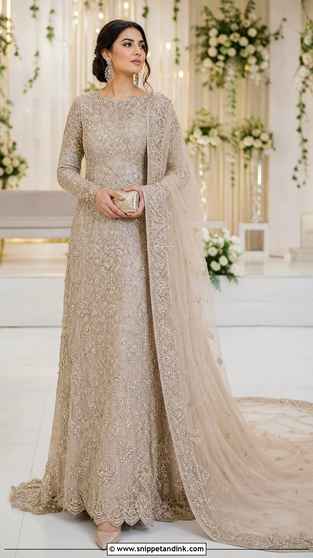 Champagne Bridal Gown With Long Train - Snippet and Ink - 25 Latest Bridal Dresses Pakistan