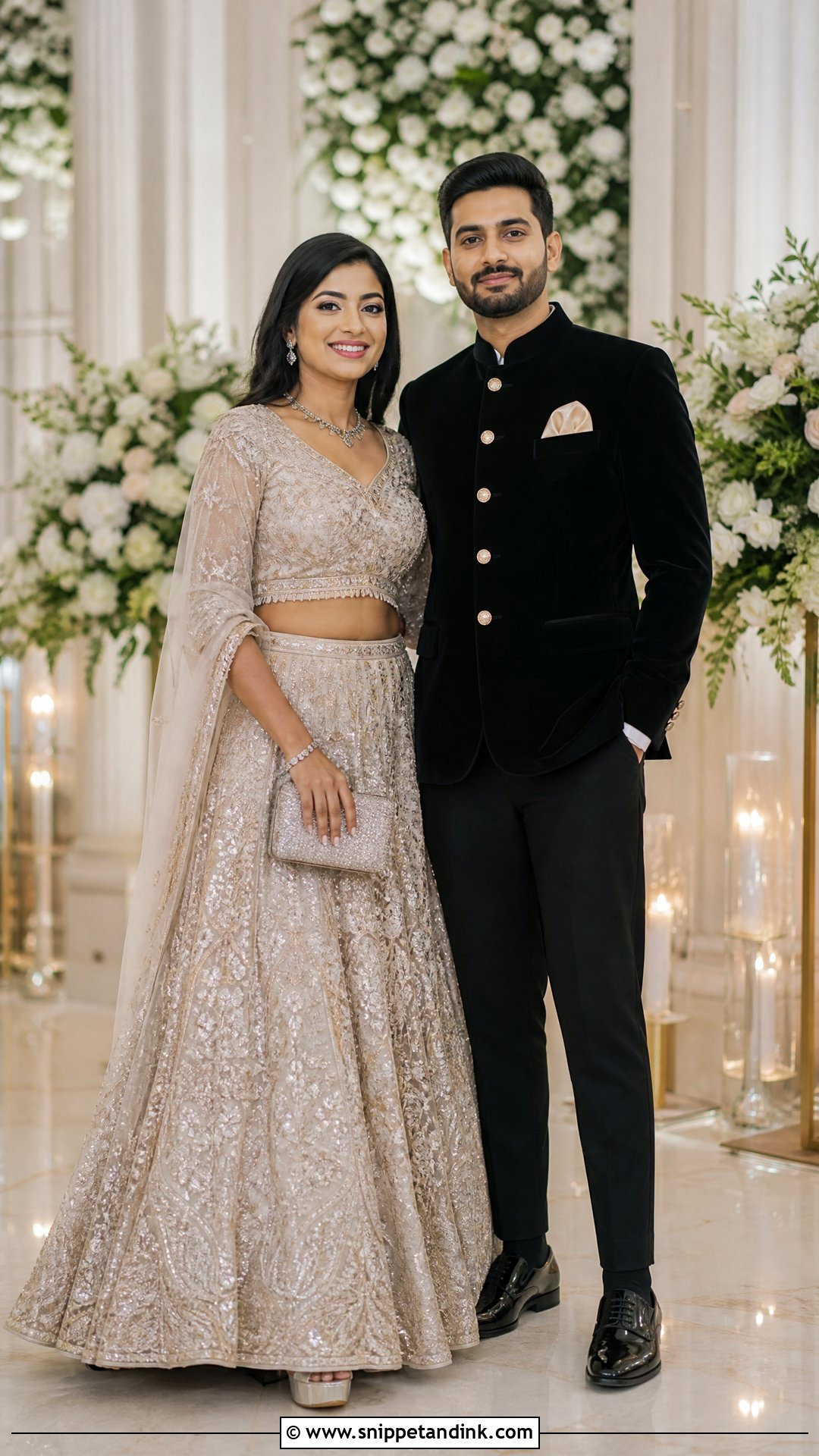 Champagne Bridal Lehenga And Black Bandhgala Couple Outfit - Snippet and Ink - 20 Indian Bridal Couple Dress Ideas