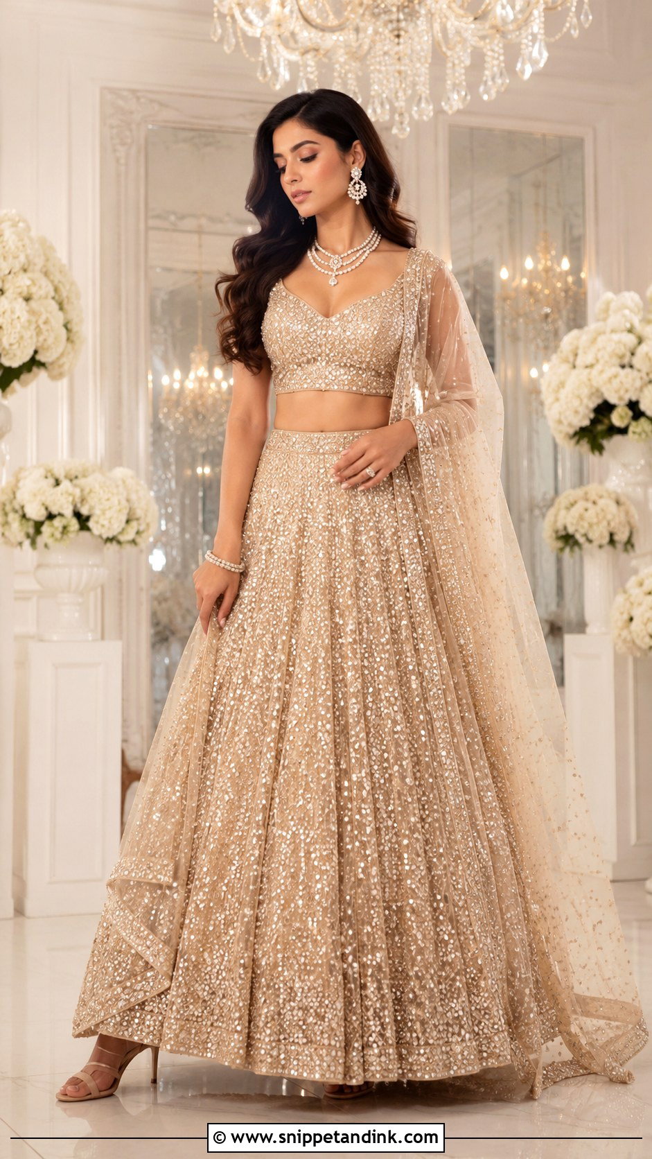 Champagne Bridal Lehenga With Pearl Jewelry - Snippet and Ink - 25 Indian Weddings Bridal Lehnga Dress Ideas