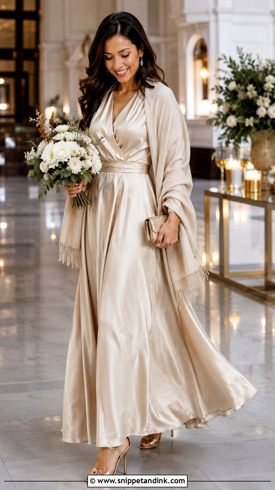 Champagne Bridal Maxi Dress With Gold Accessories - Snippet and Ink - 20 Fall Bridal Outfits