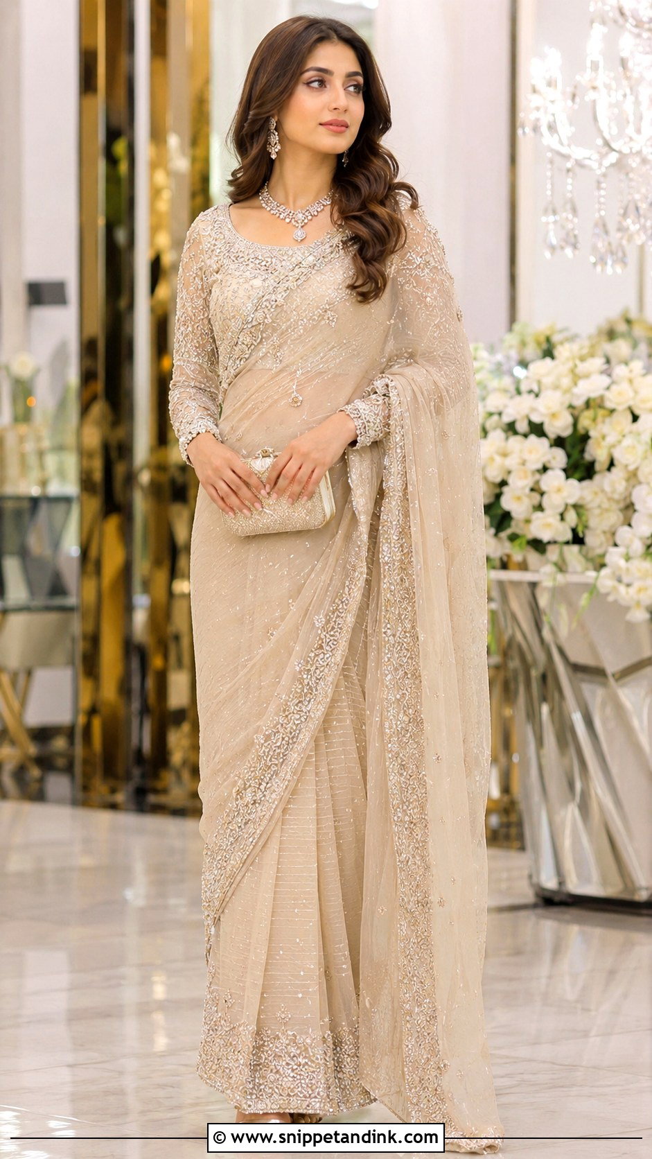 Champagne Bridal Saree With Embellished Blouse - Snippet and Ink - 30 Pakistani Wedding Dresses
