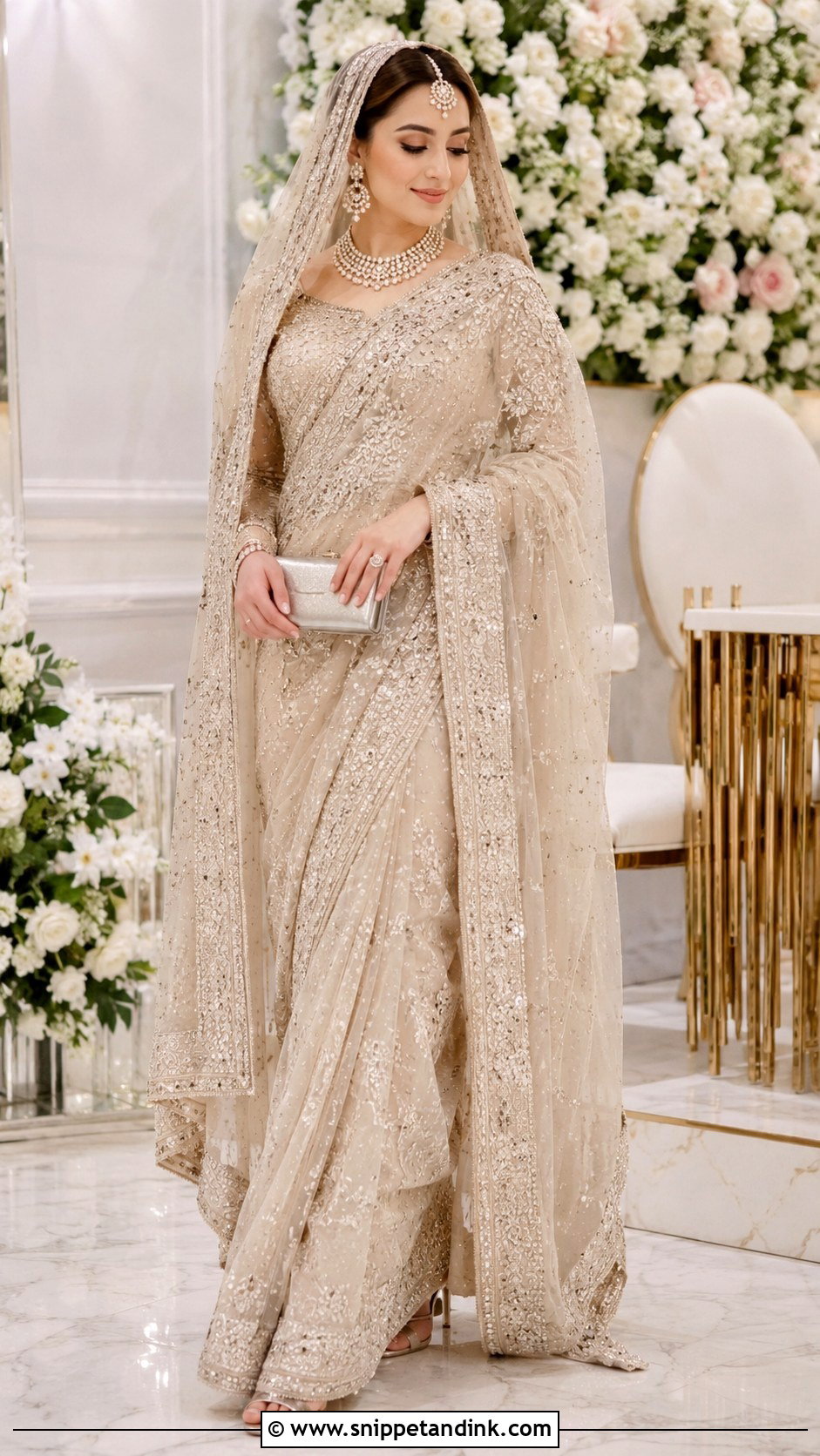 Champagne Bridal Saree With Veil Dupatta - Snippet and Ink - 30 Indian Muslim Bridal Dress Ideas