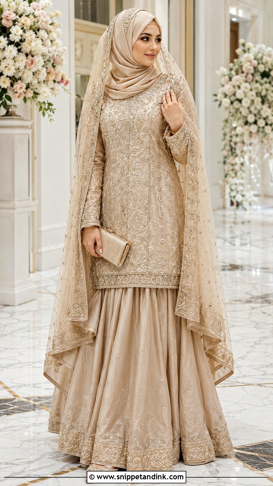Champagne Bridal Sharara With Dupatta - Snippet and Ink - 20 Islam Wedding Dress Ideas