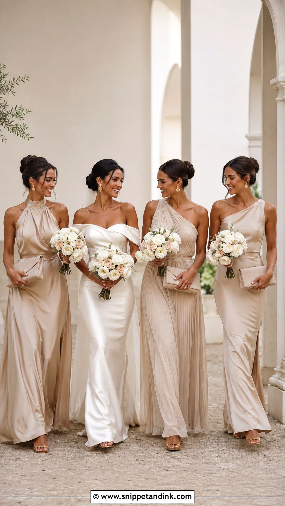 Champagne Bridal Team Dresses With Gold Accessories - Snippet and Ink - 20 Bridal Team Dresses Ideas