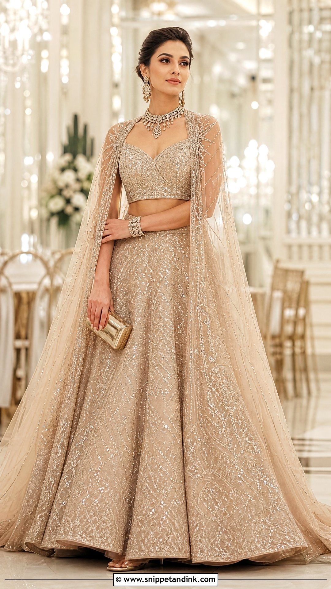 Champagne Cape Bridal Lehenga - Snippet and Ink - 25 Royal Indian Brides Ideas