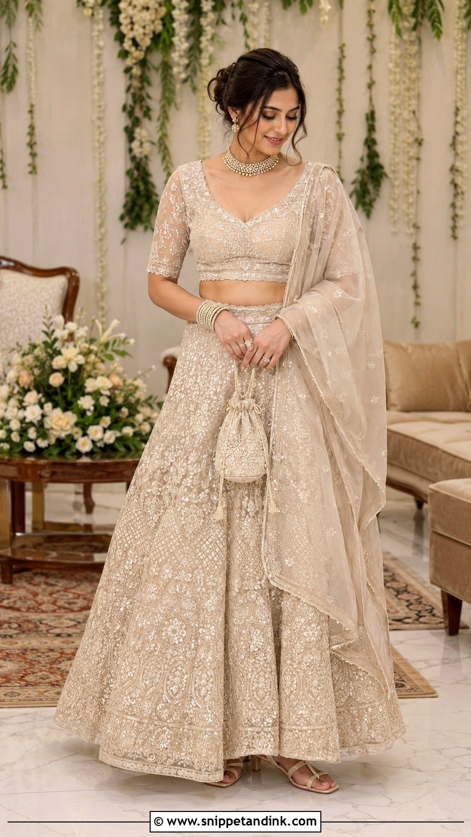 Champagne Chikankari Lehenga For Roka - Snippet and Ink - 20 Indian Pre Wedding Dress Ideas