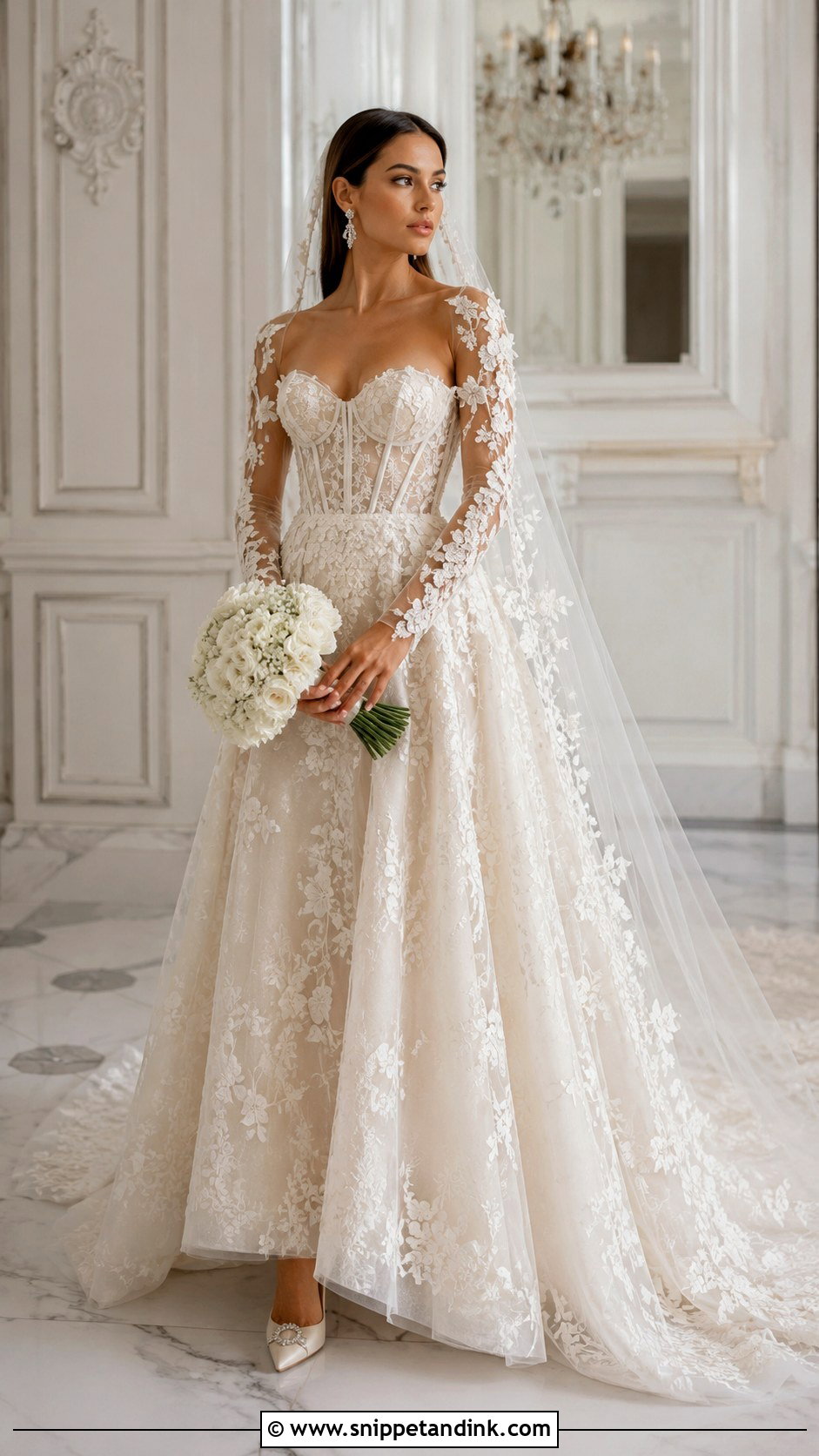 Champagne Corset Wedding Dress With 3D Lace Sleeves - Snippet and Ink - 20 Champagne Wedding Dress with Sleeves