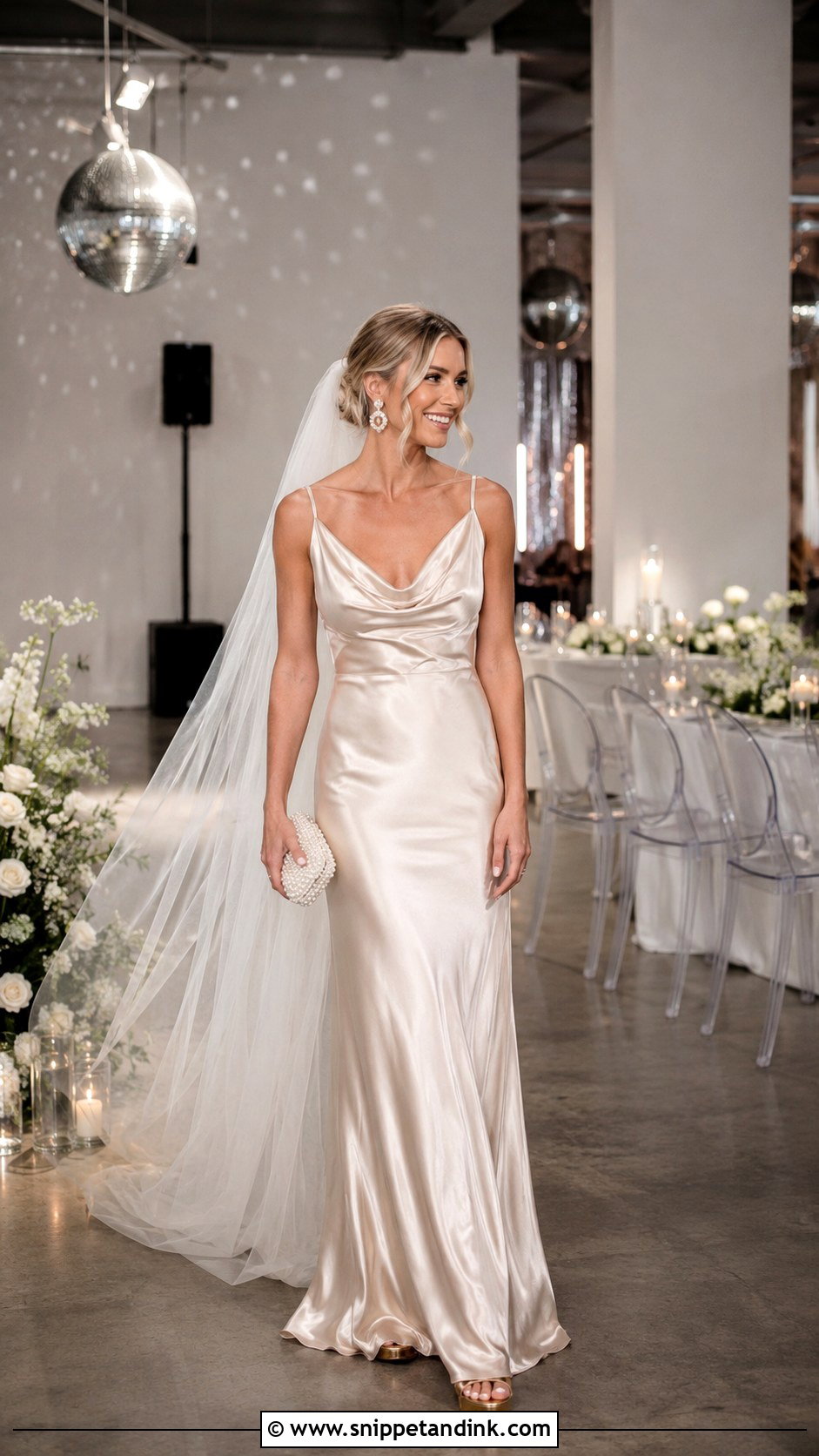 Champagne Cowl Neck Disco Wedding Dress - Snippet and Ink - 20 Disco Wedding Dress Ideas