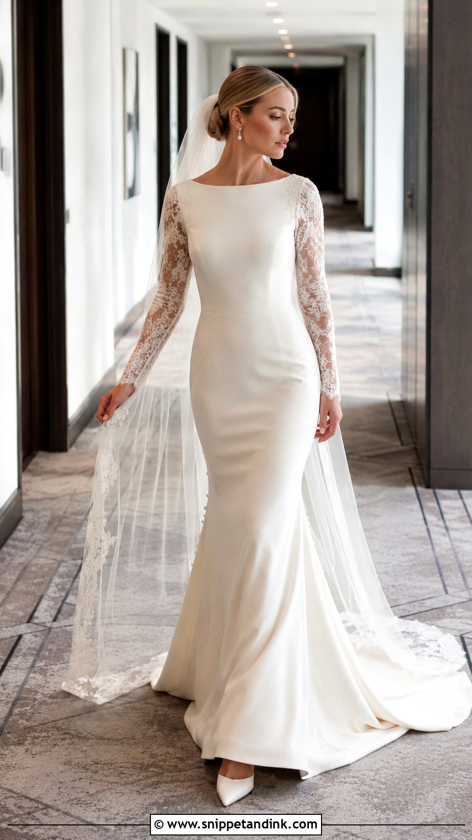 Champagne Crepe Wedding Dress With Lace Sleeves - Snippet and Ink - 20 Champagne Wedding Dress with Sleeves