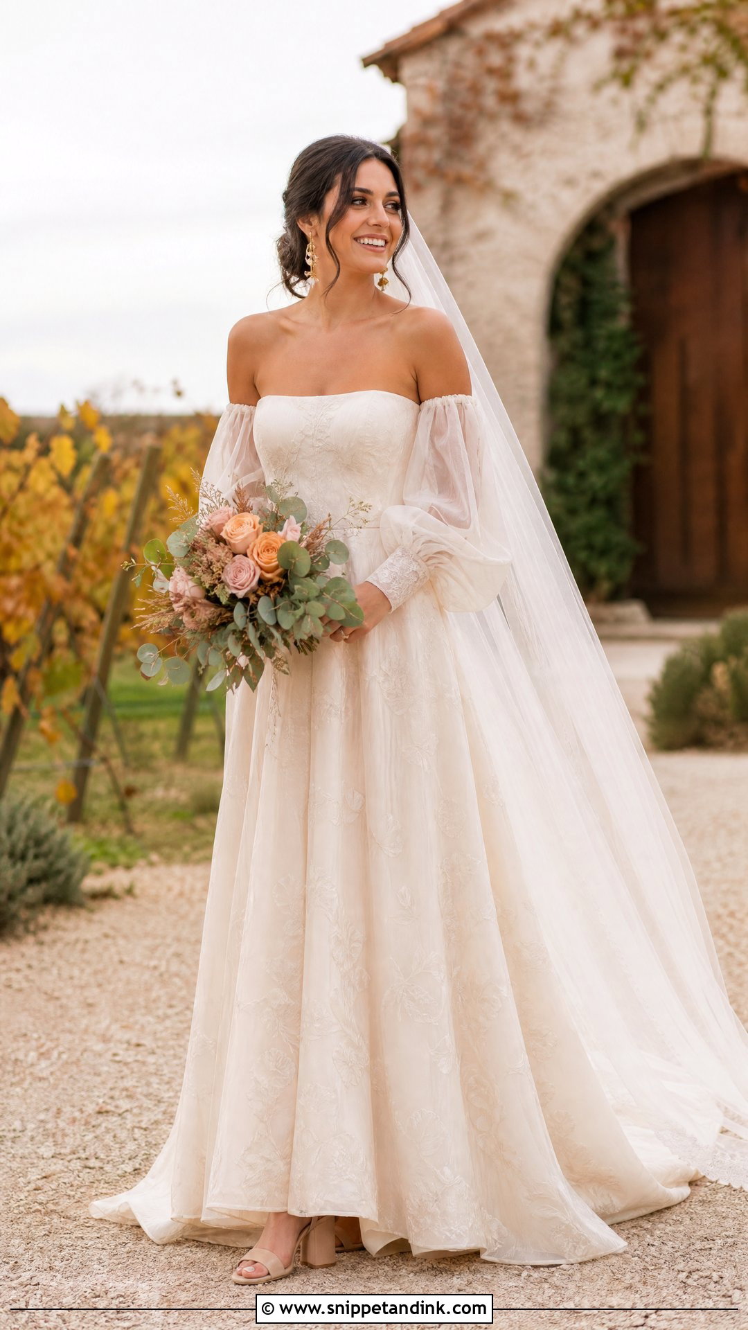 Champagne Detachable Sleeve Soft Autumn Wedding Dress - Snippet and Ink - 20 Soft Autumn Wedding Dress Ideas