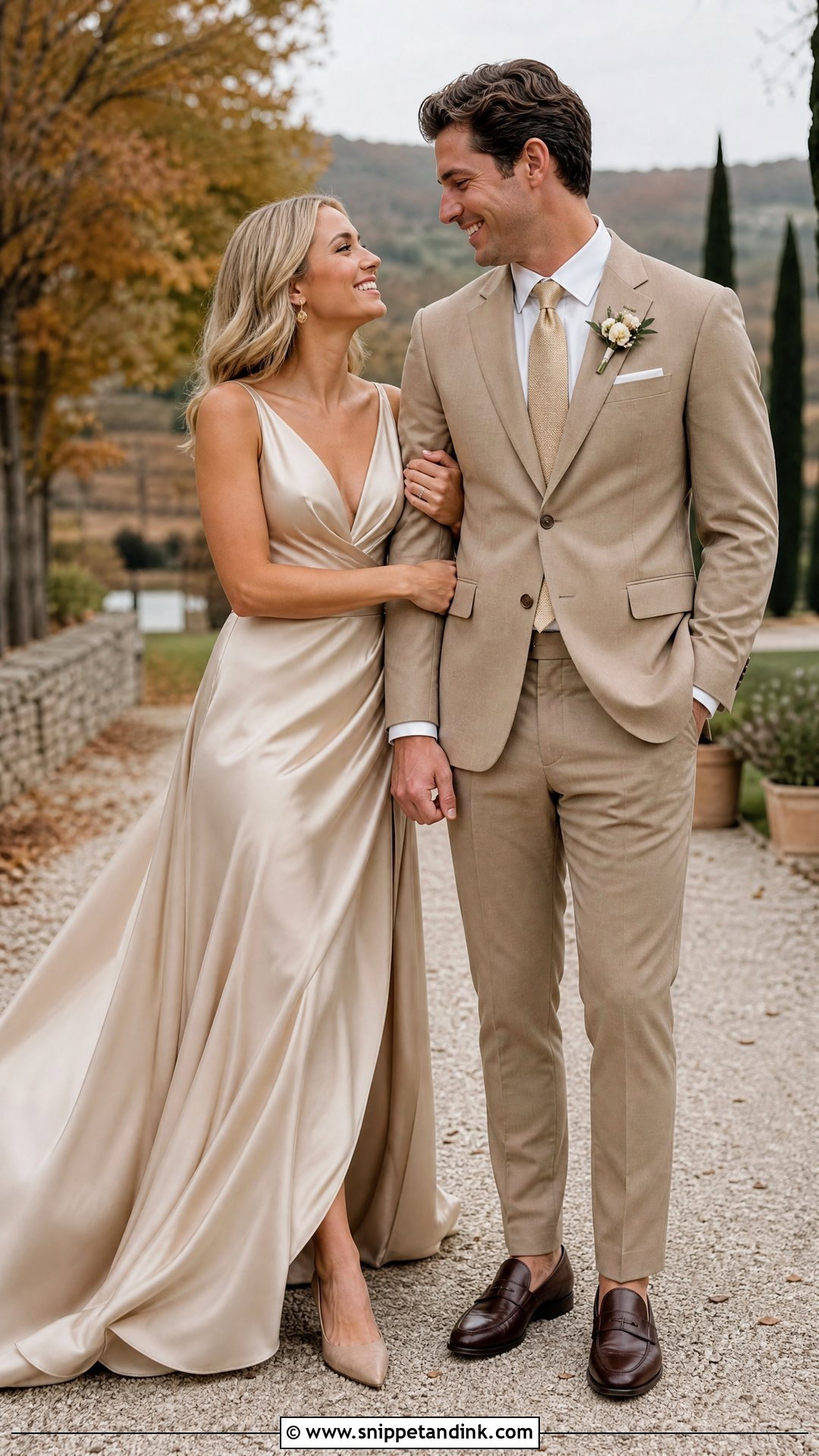 Champagne Dress And Tan Suit Wedding Outfit - Snippet and Ink - 25 Wedding Outfits for Couples