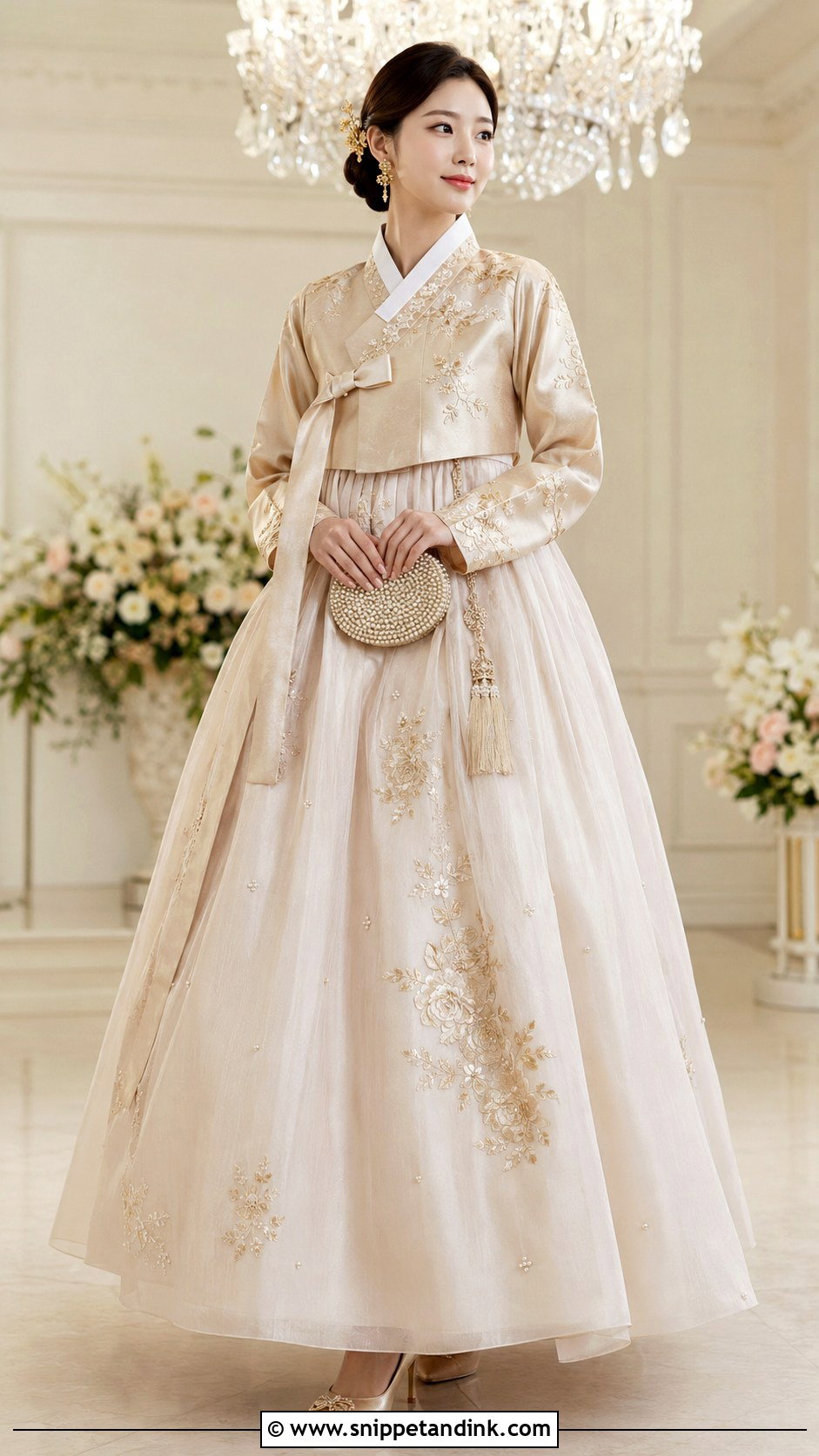 Champagne Embroidered Hanbok Wedding Dress - Snippet and Ink - 20 Hanbok Wedding Dress Ideas