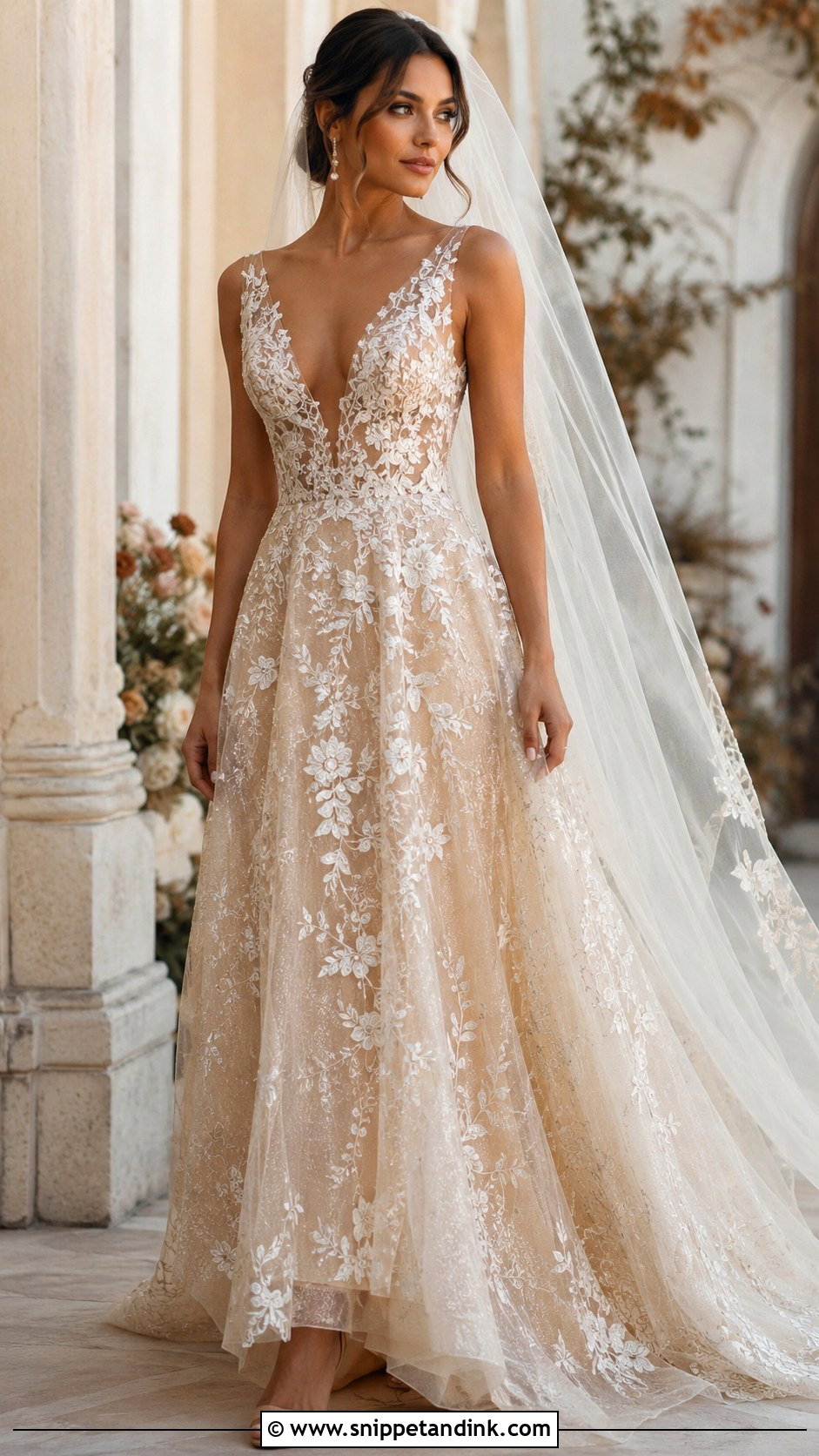 Champagne Embroidered Wedding Dress - Snippet and Ink - 30 Embroidered Wedding Dress Ideas
