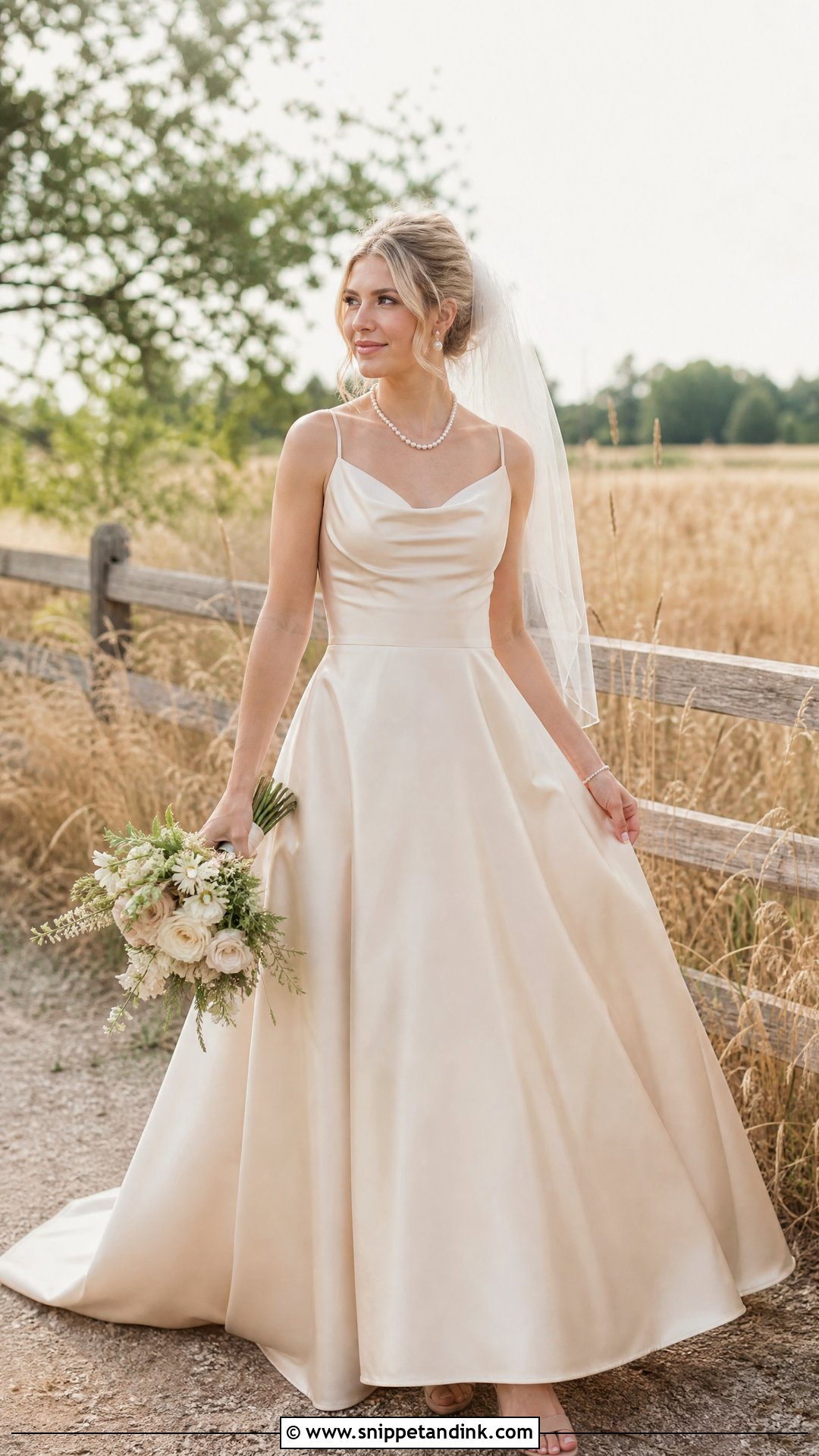Champagne Farm Wedding Dress With Pearl Jewelry - Snippet and Ink - 25 Farm Wedding Dress Ideas
