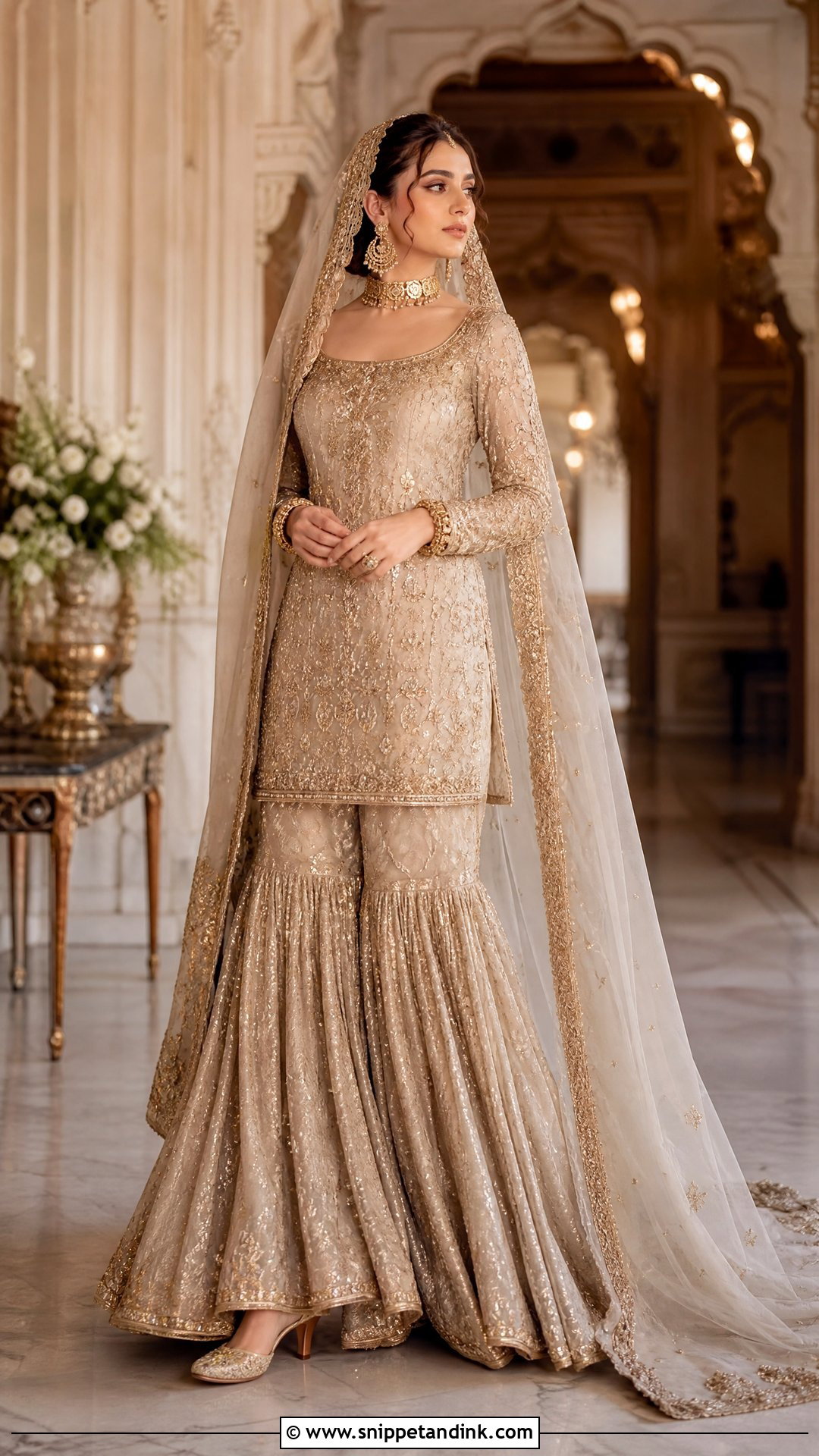 Champagne Farshi Gharara Nikah Dress - Snippet and Ink - 20 Pakistani Nikah Dress Ideas