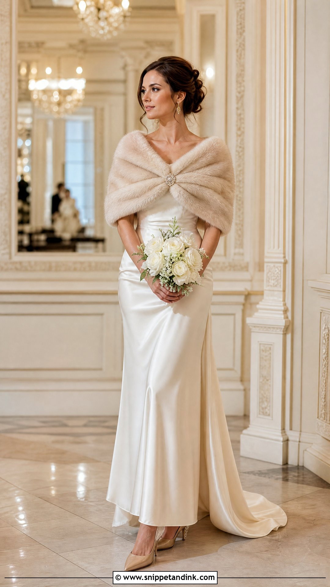 Champagne Faux Fur Shawl With Satin Wedding Dress - Snippet and Ink - 20 Winter Wedding Shawl Ideas