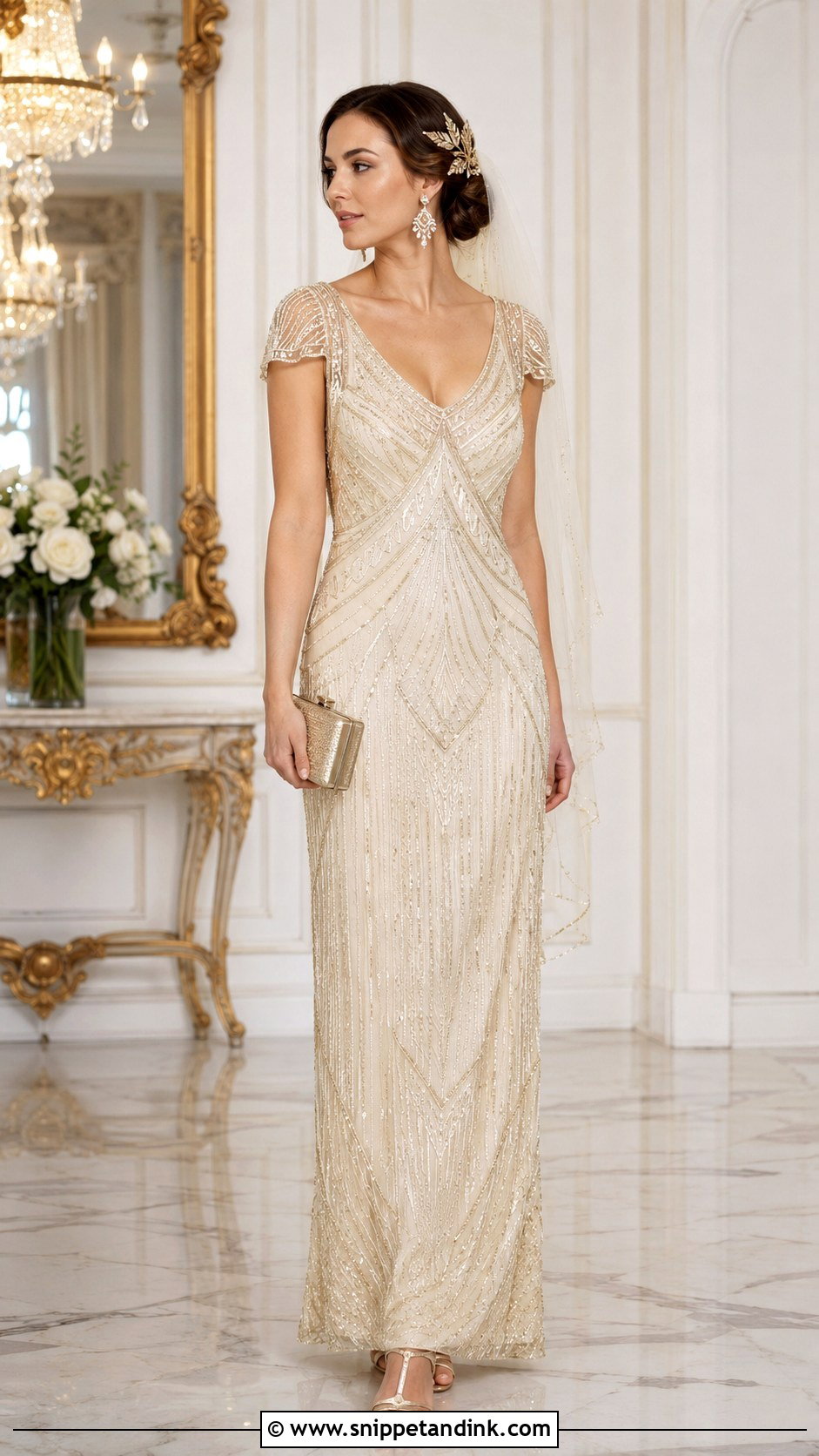 Champagne Flapper Wedding Dress With Gold Accessories - Snippet and Ink - 20 Flapper Wedding Dress Ideas
