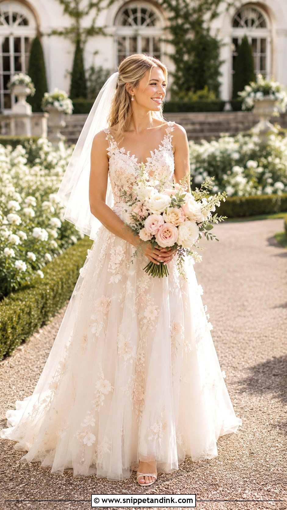 Champagne Floral Applique Bridal Dress - Snippet and Ink - 20 Champagne Bridal Dress Ideas