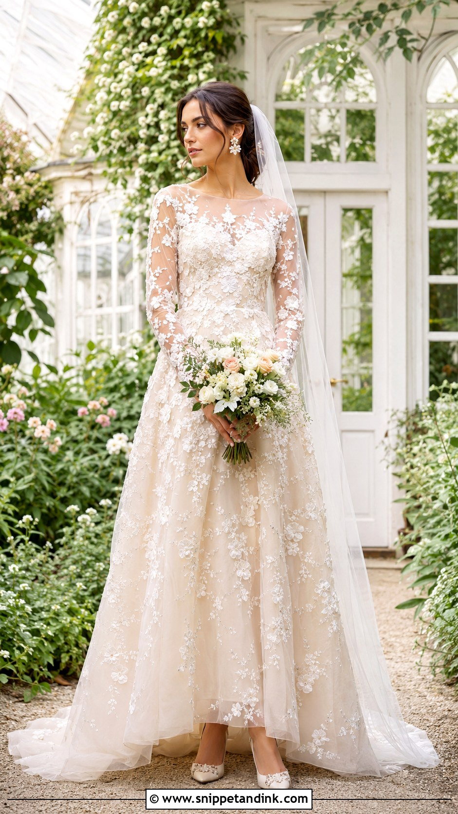 Champagne Floral Applique Wedding Dress With Sheer Sleeves - Snippet and Ink - 20 Champagne Wedding Dress with Sleeves