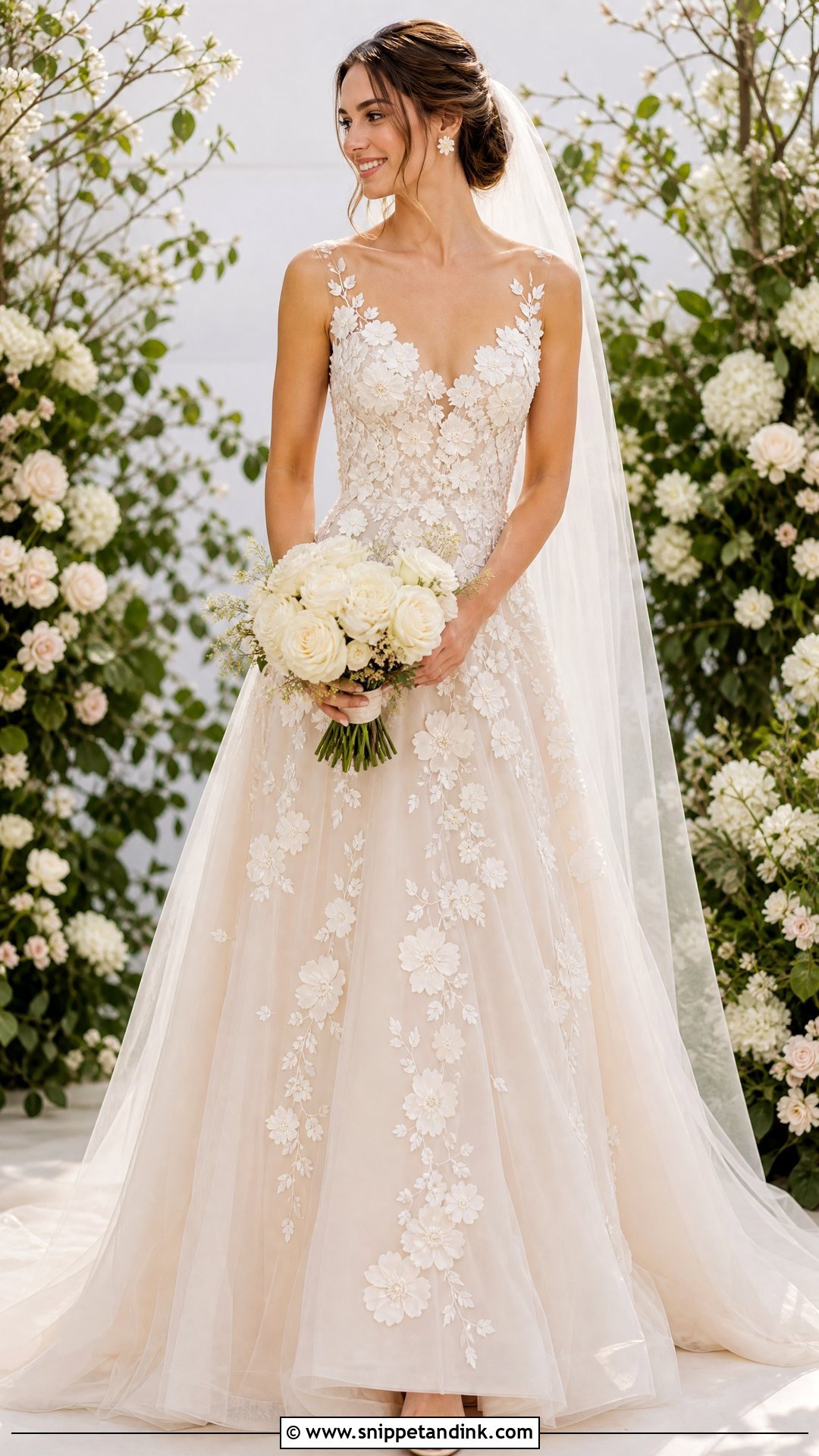 Champagne Floral Applique Wedding Dress - Snippet and Ink - 25 Champagne Wedding Dresses