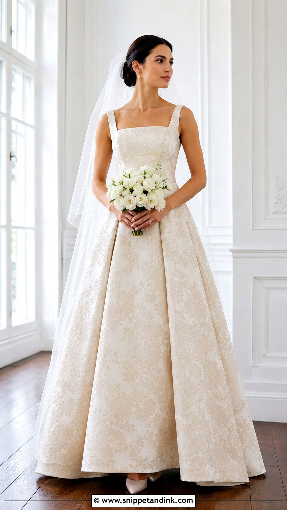 Champagne Floral Jacquard Wedding Dress - Snippet and Ink - 20 Detailed Wedding Dress Ideas