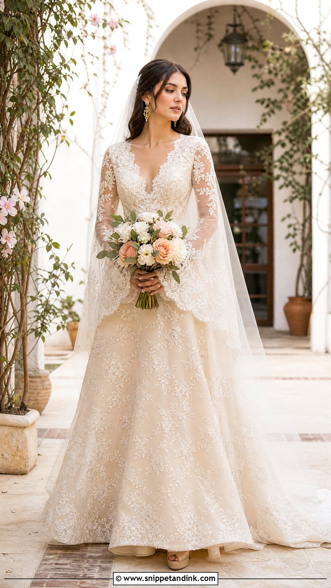 Champagne Floral Lace Wedding Dress - Snippet and Ink - 25 70s Style Wedding Dress Ideas