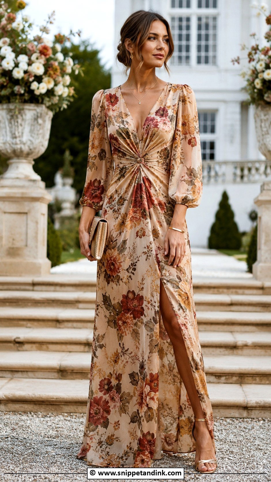 Champagne Floral Maxi Dress - Snippet and Ink - 30 Fall Wedding Dress Ideas