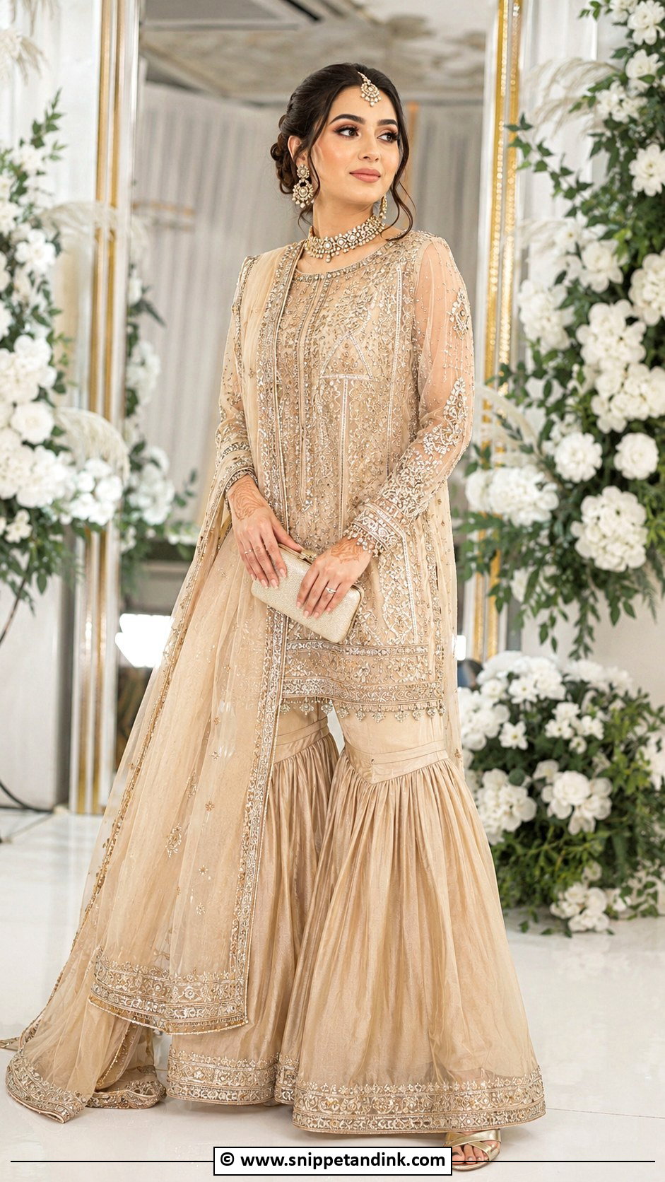 Champagne Gharara With Long Organza Shirt - Snippet and Ink - 30 Pakistani Nikkah Dress Ideas