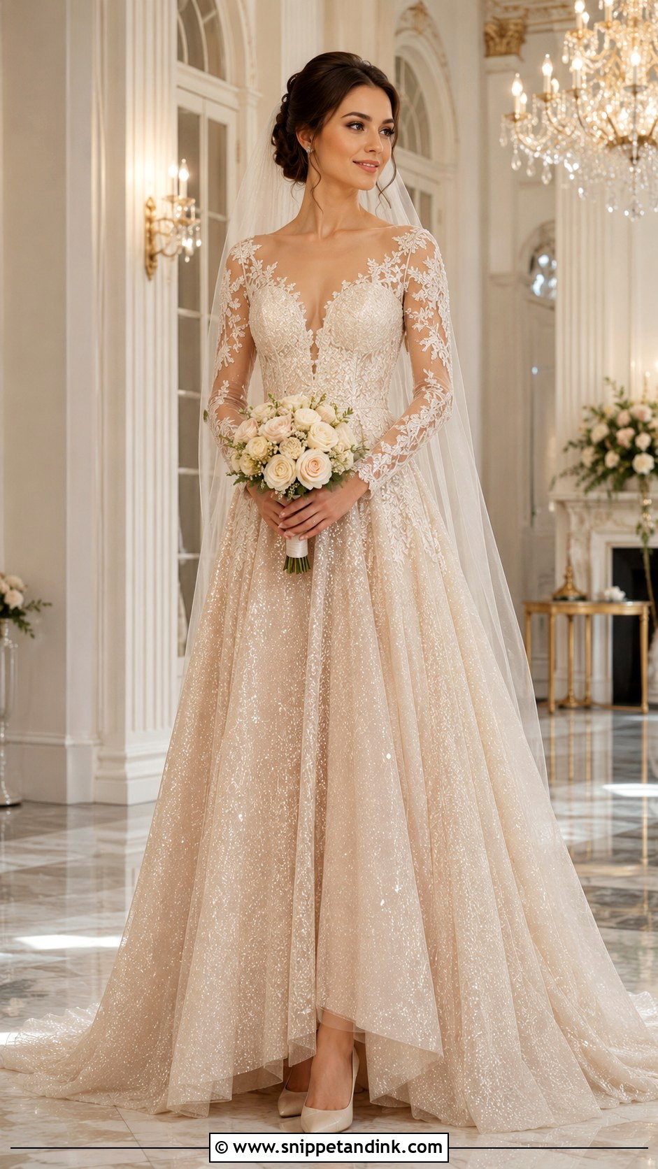 Champagne Glitter Tulle Wedding Dress With Long Sleeves - Snippet and Ink - 20 Champagne Wedding Dress with Sleeves
