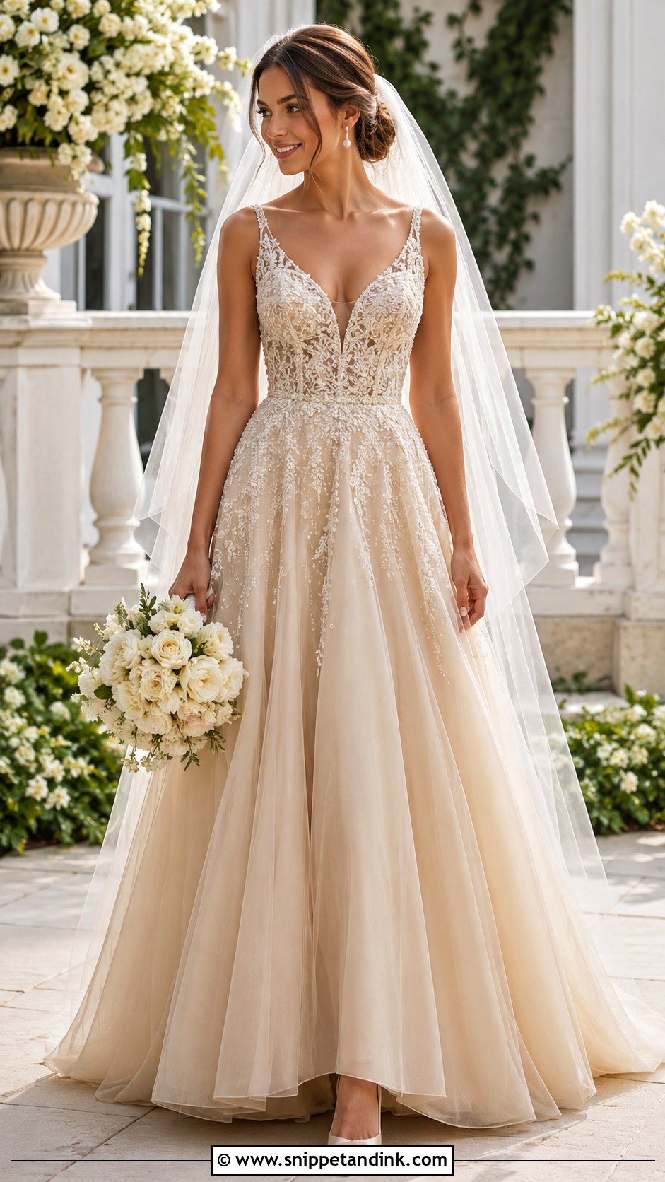 Champagne Gold A Line Bridal Dress - Snippet and Ink - 20 Gold Bridal Dress Ideas