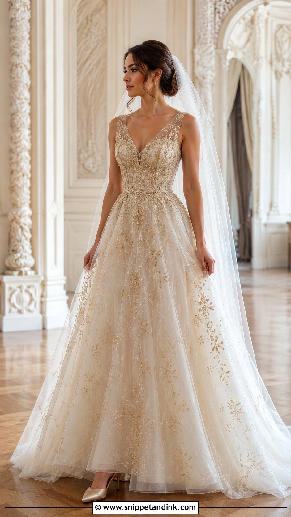 Champagne Gold Beaded Wedding Dress - Snippet and Ink - 20 Wedding Dress with Color Accents Ideas