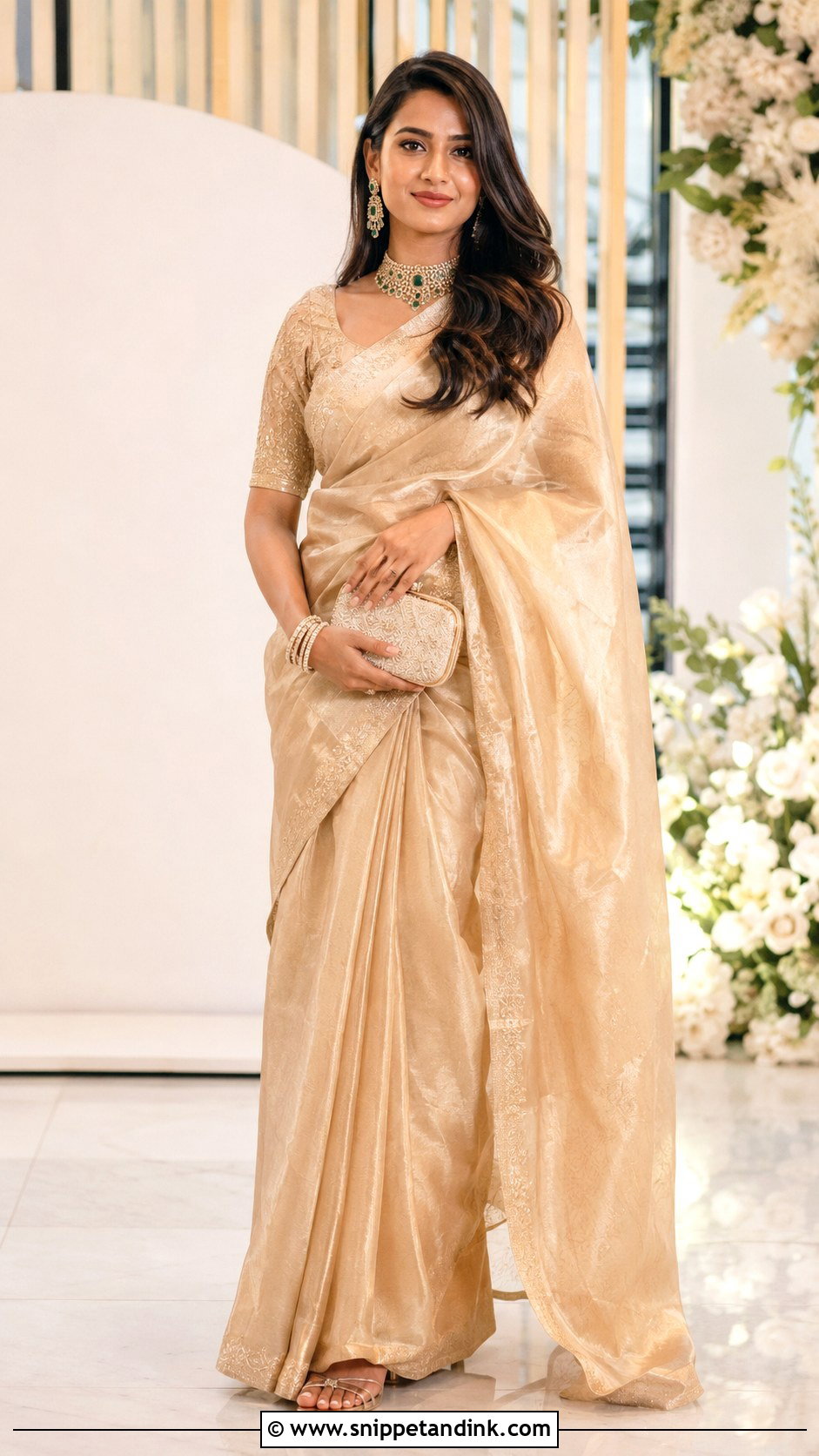 Champagne Gold Bengali Bride Reception Look - Snippet and Ink - 20 Bengali Bride Wedding Look Ideas