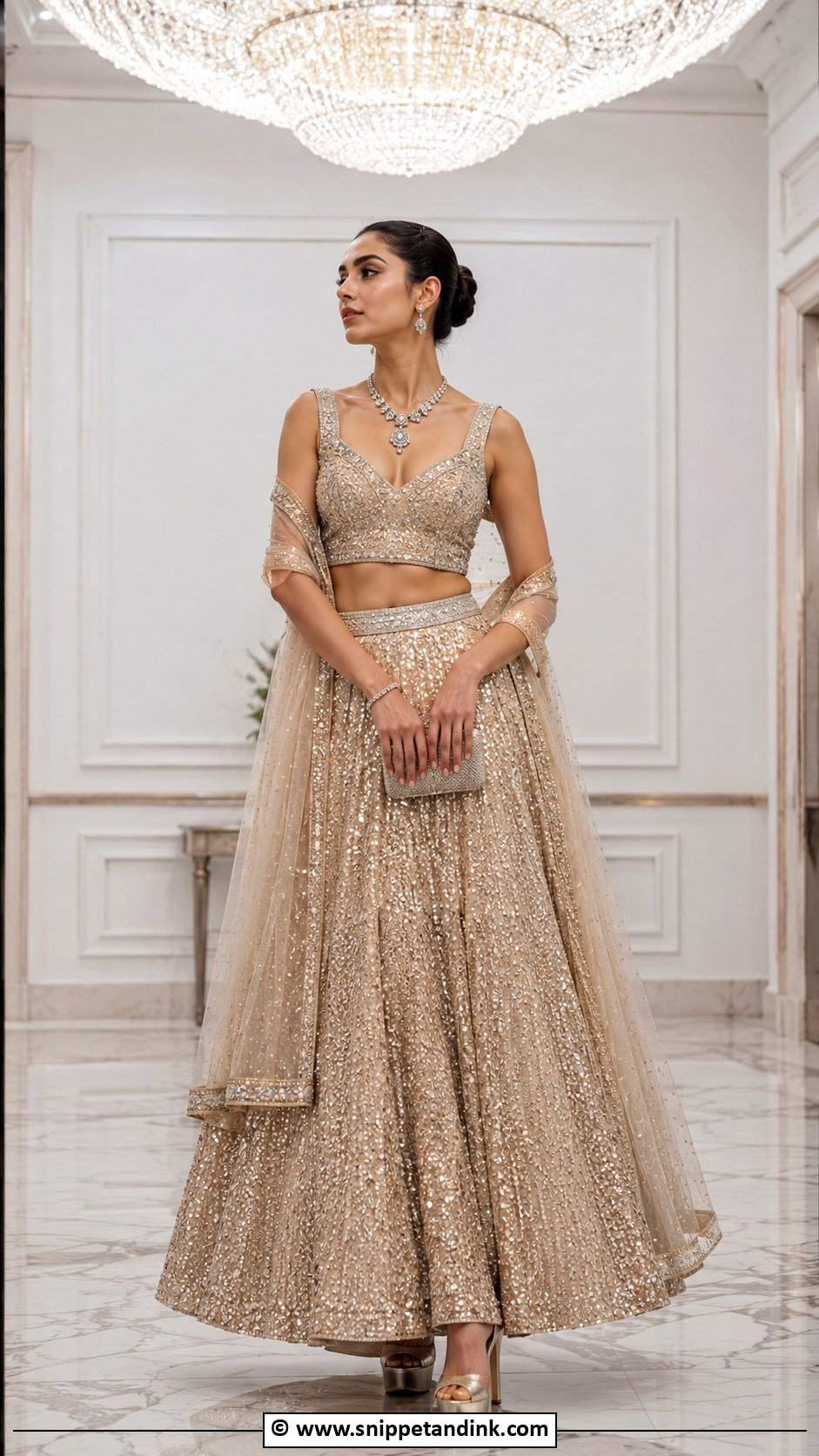 Champagne Gold Bridal Lengha With Sequin Work - Snippet and Ink - 30 Bridal Lengha Ideas