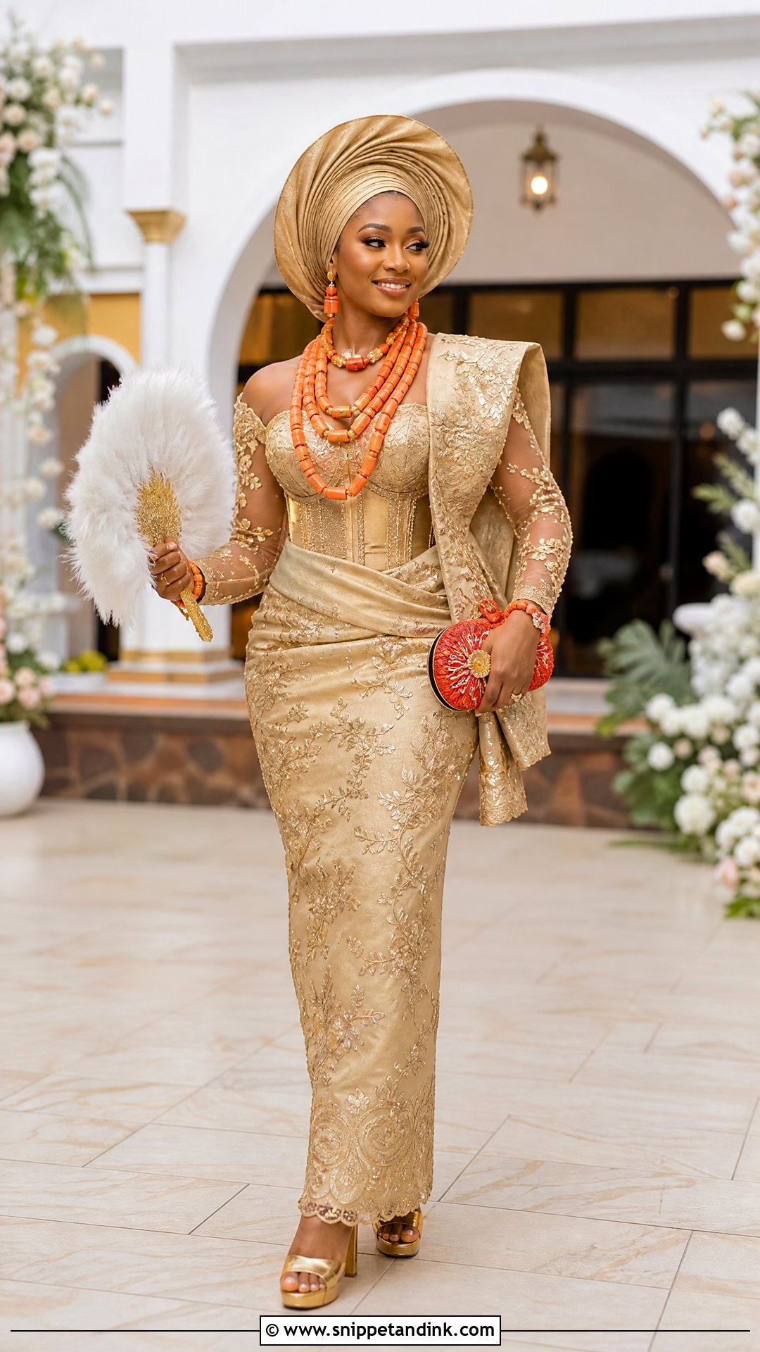 Champagne Gold Igbo Corset Blouse And Wrapper - Snippet and Ink - 20 Traditional Igbo Nigerian Wedding Dresses