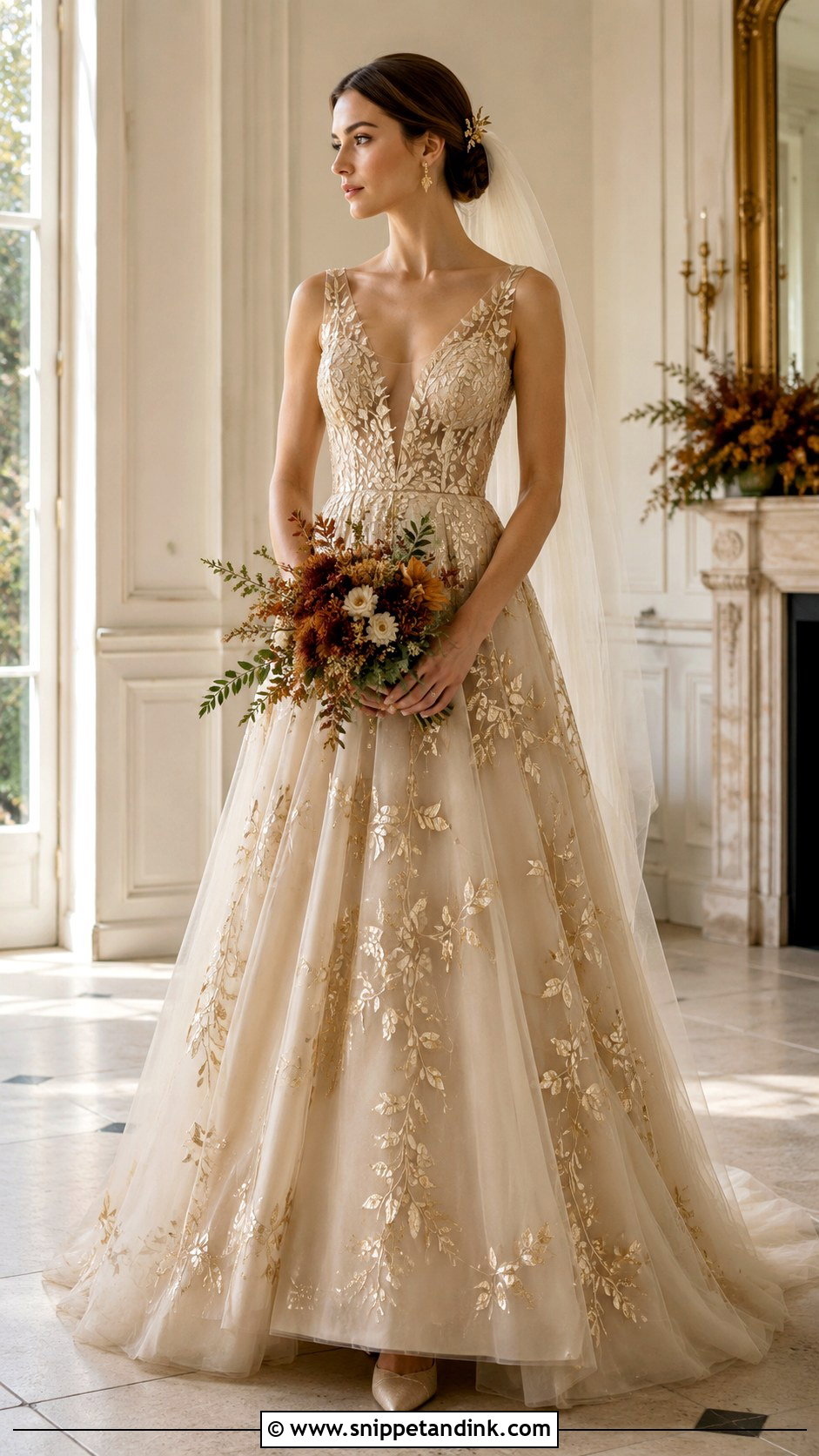 Champagne Gold Leaf Wedding Dress - Snippet and Ink - 20 Botanical Wedding Dress Ideas