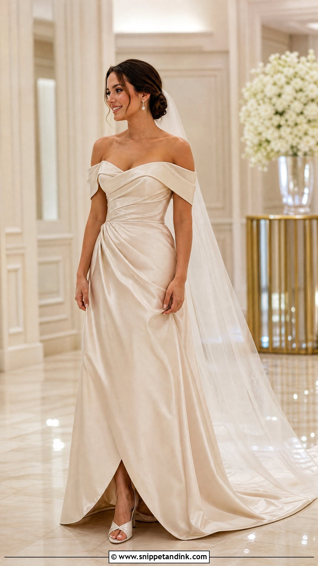 Champagne Gold Off Shoulder Wedding Dress - Snippet and Ink - 25 Champagne Gold Wedding Dress Ideas