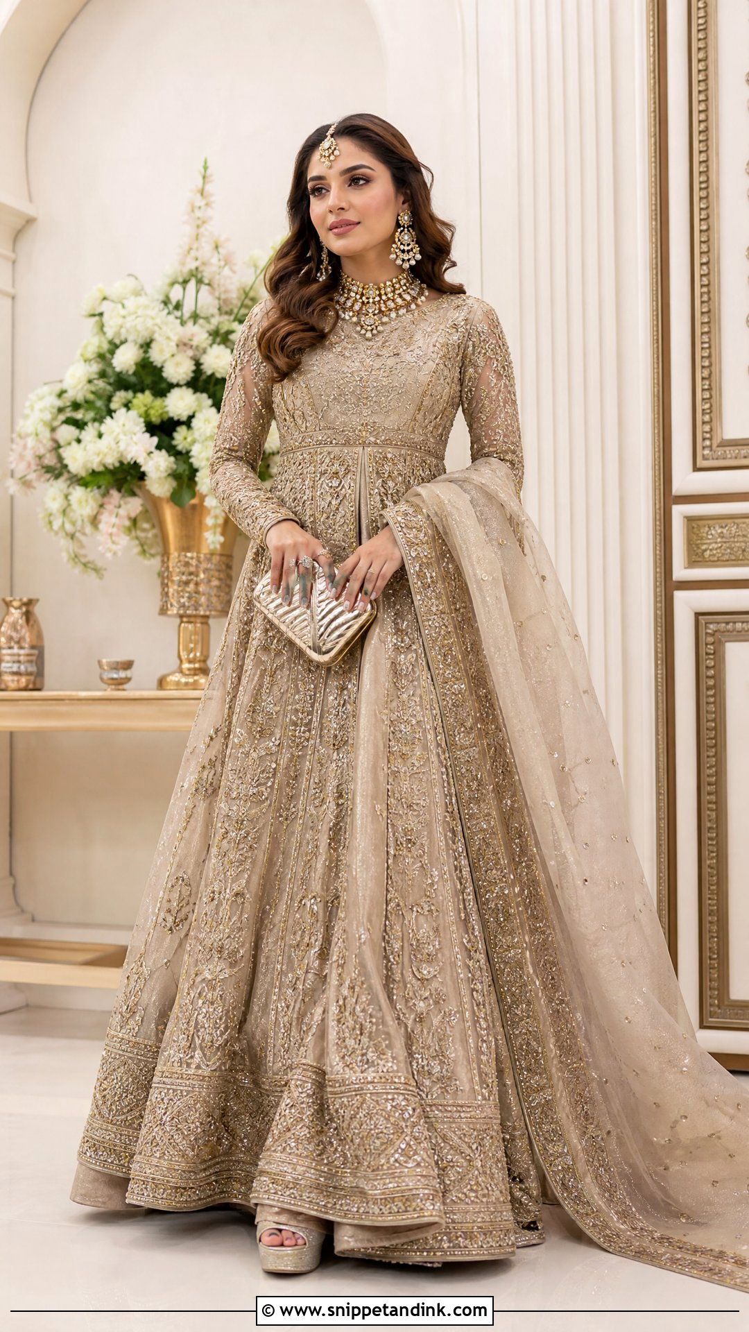 Champagne Gold Pakistani Bridal Walima Maxi - Snippet and Ink - 20 Pakistani Bridal Walima Maxi Ideas