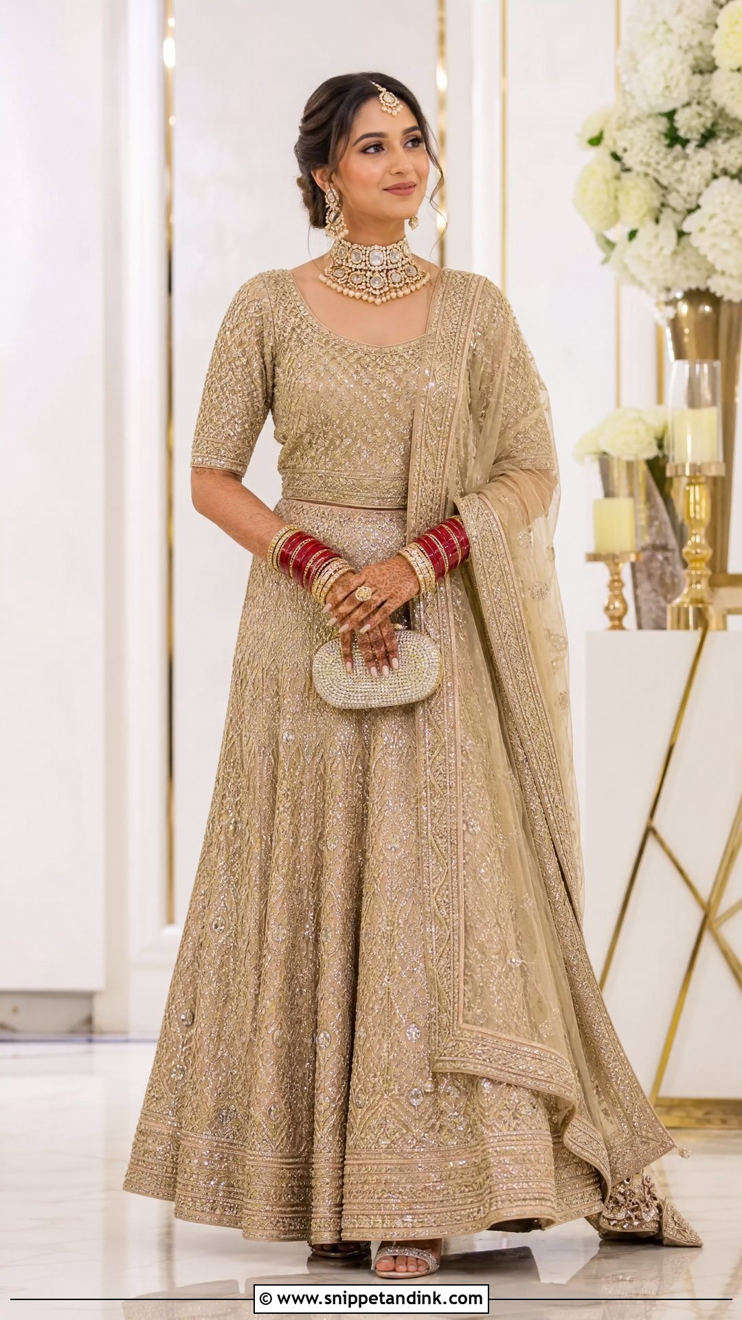 Champagne Gold Punjabi Bridal Reception Lehenga - Snippet and Ink - 25 Sikh Wedding Dress Punjabi Bride Ideas
