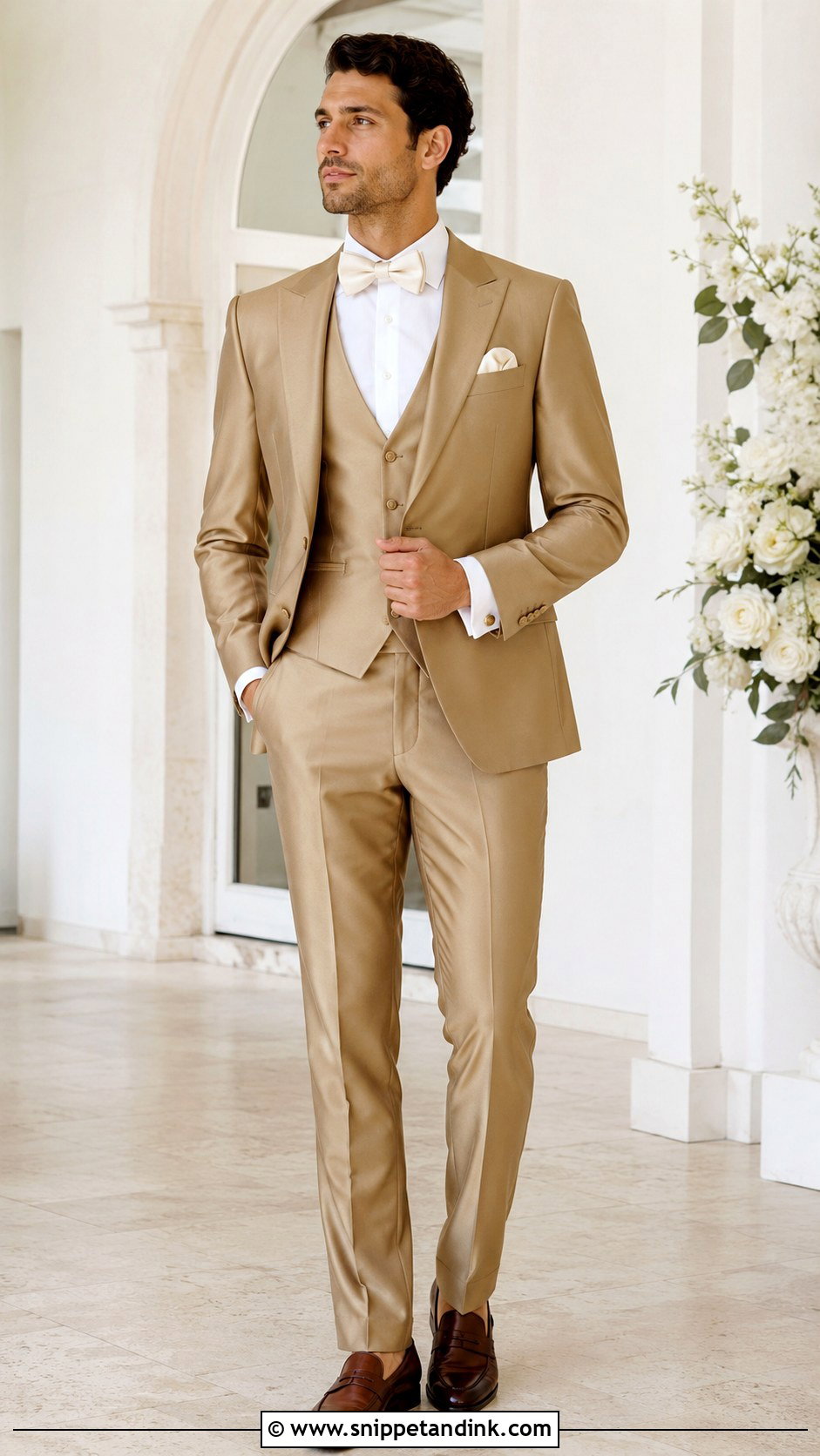 Champagne Gold Three Piece Tuxedo - Snippet and Ink - 20 Gold Tuxedo Wedding Ideas