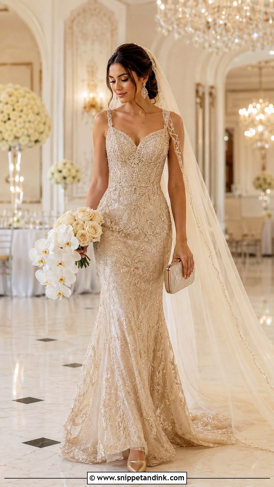 Champagne Gold Wedding Dress With Metallic Accessories - Snippet and Ink - 20 Colorful Wedding Dresses