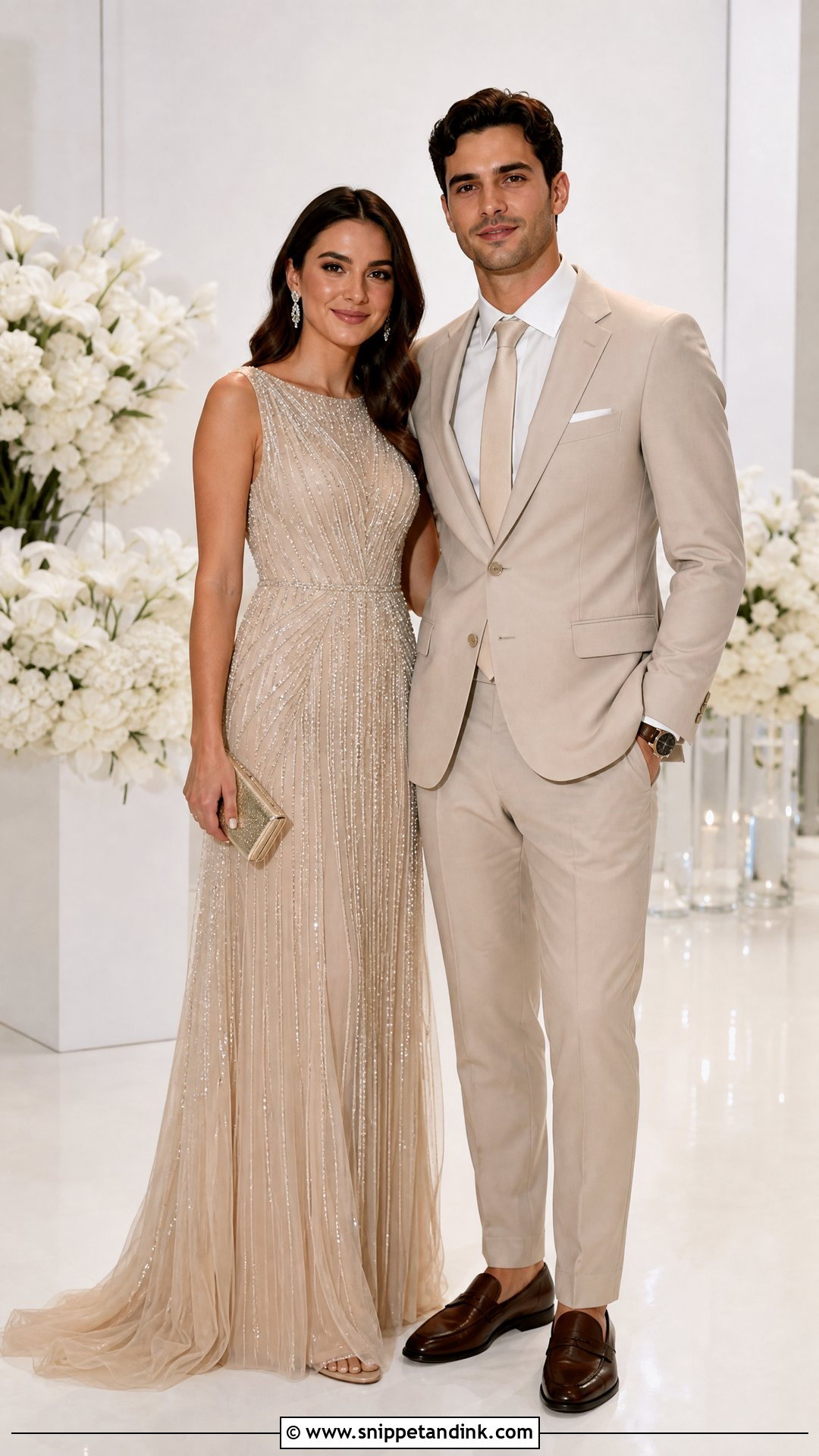 Champagne Gown And Beige Suit - Snippet and Ink - 20 Ring Ceremony Couple Dress Ideas