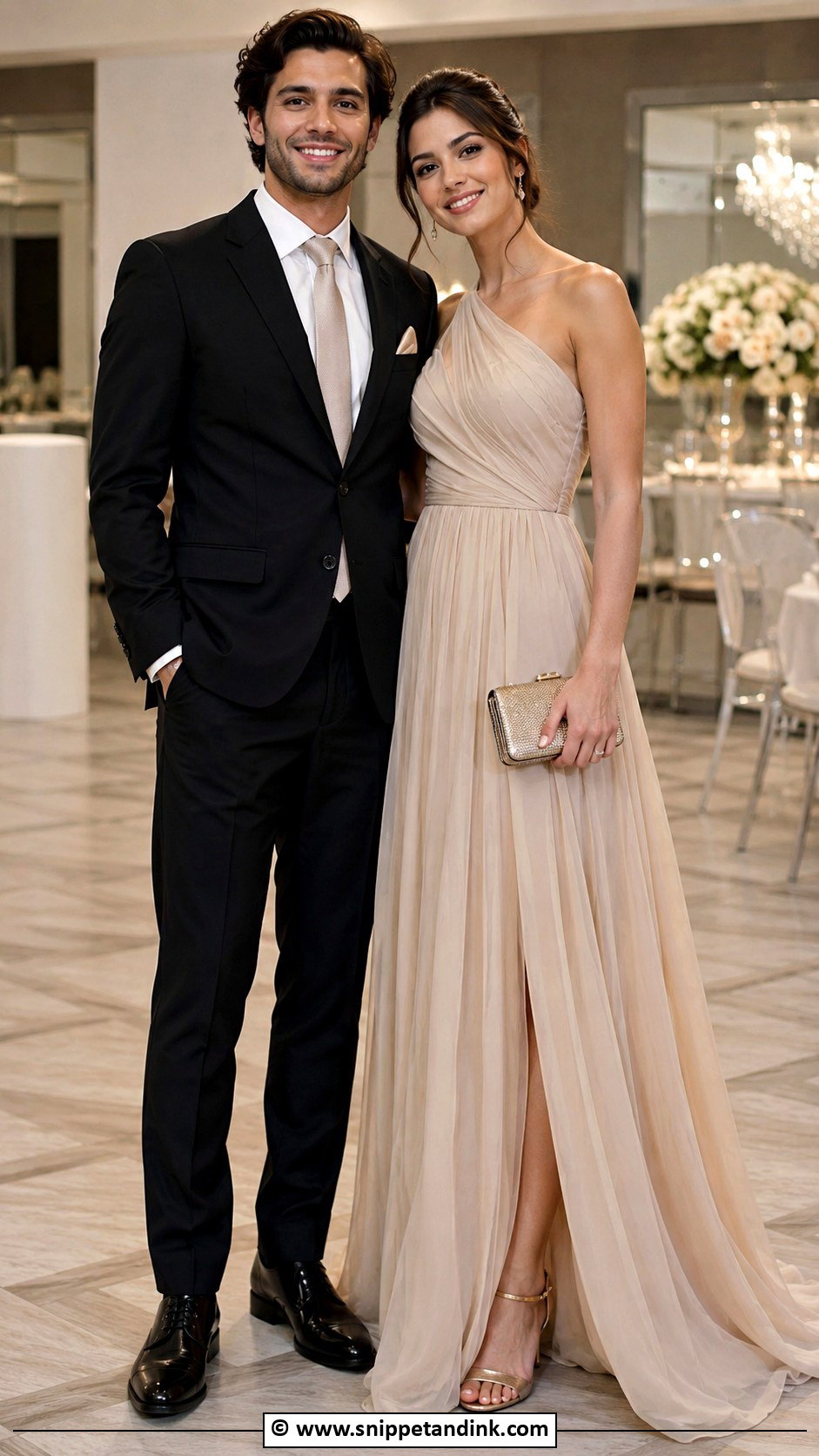 Champagne Gown And Black Suit Wedding Matching Outfit - Snippet and Ink - 35 Wedding Matching Outfits
