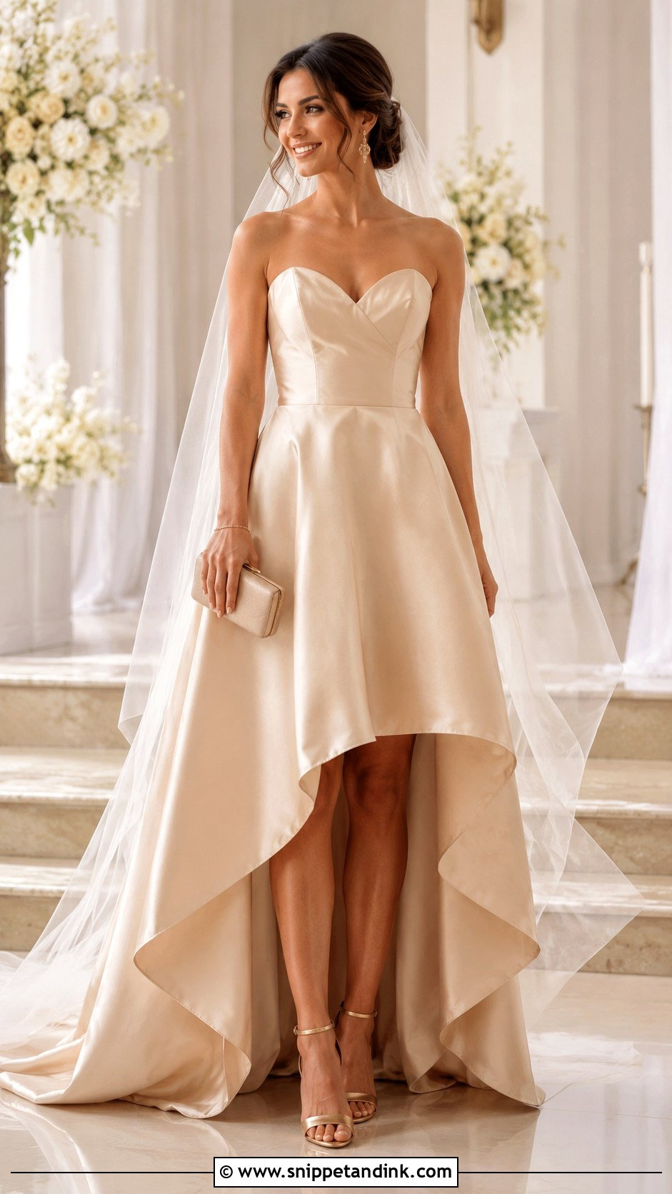 Champagne Hi Low Wedding Dress With Gold Heels - Snippet and Ink - 20 Hi Low Wedding Dress Ideas