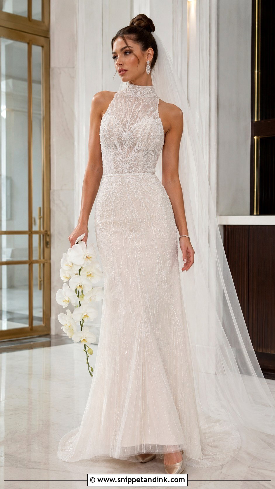 Champagne High Neck Beaded Bridal Dress - Snippet and Ink - 20 Champagne Bridal Dress Ideas