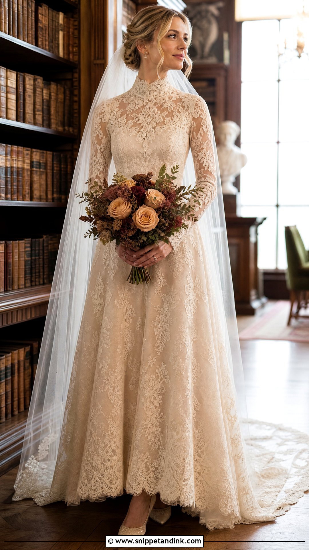 Champagne High Neck Lace Soft Autumn Wedding Dress - Snippet and Ink - 20 Soft Autumn Wedding Dress Ideas