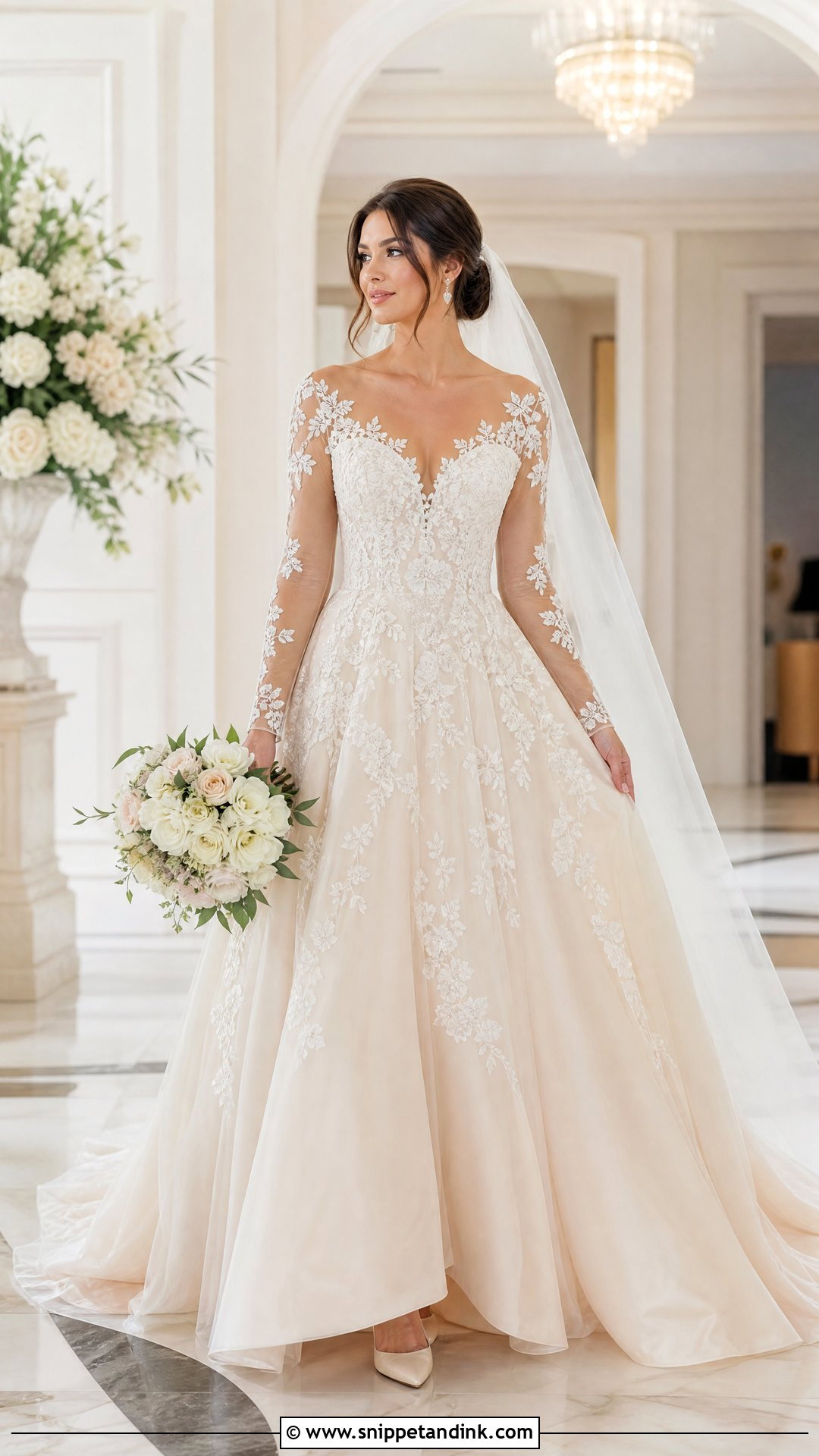 Champagne Illusion Sleeve Wedding Dress - Snippet and Ink - 20 Illusion Sleeve Wedding Dress Ideas