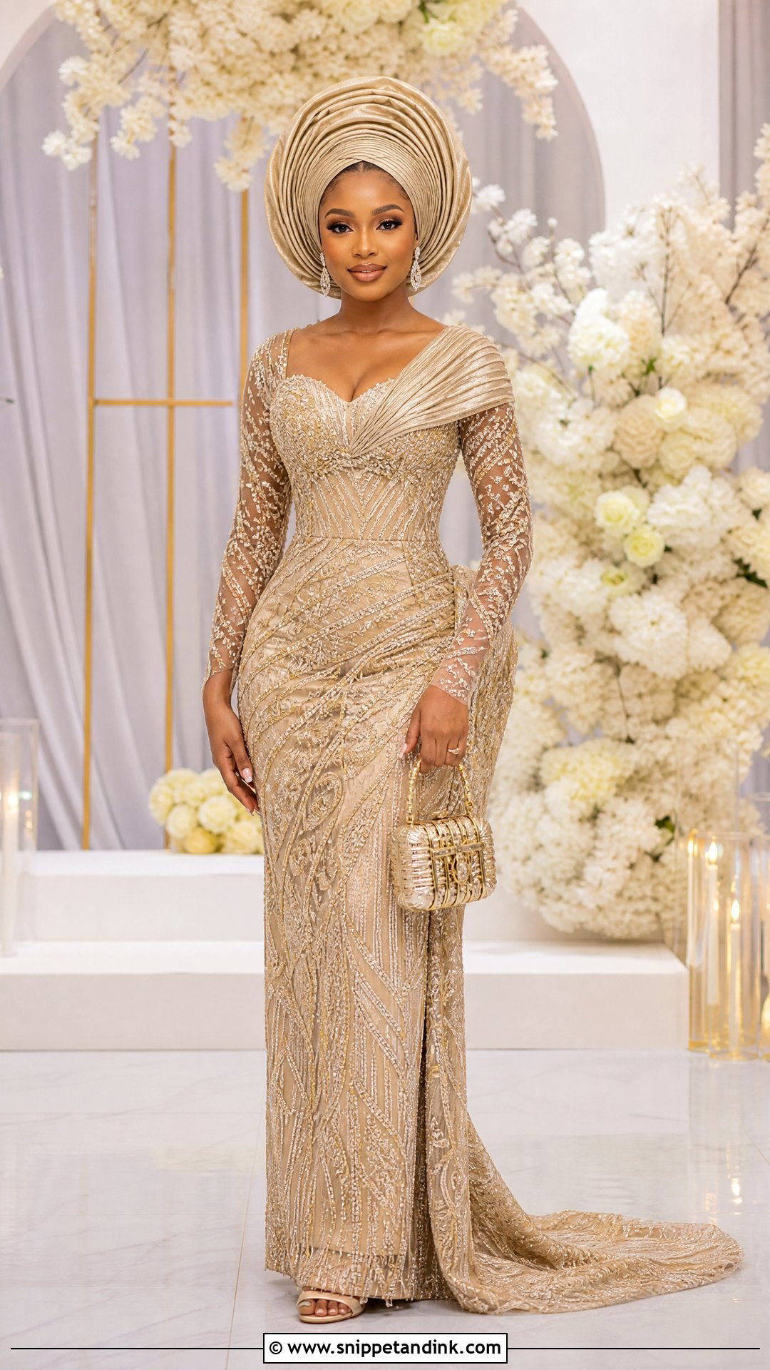Champagne Infinity Bridal Gele With Beaded Gown - Snippet and Ink - 20 Bridal Gele Styles
