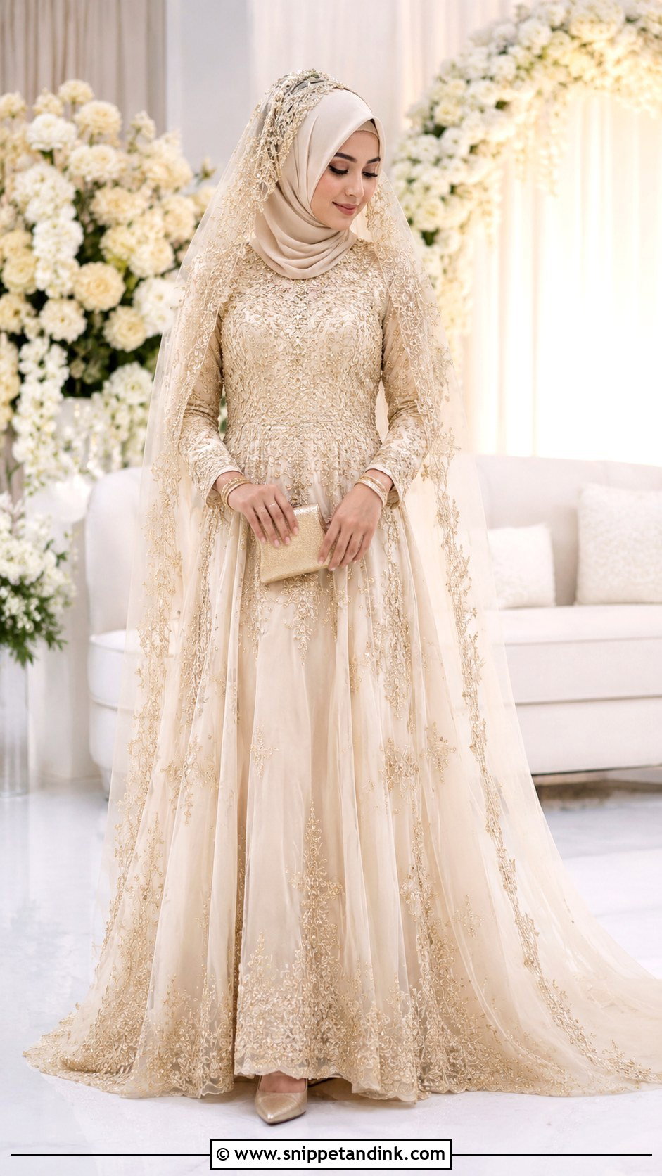 Champagne Islamic Bridal Gown With Gold Embroidery - Snippet and Ink - 20 Islamic Bride Dress Ideas